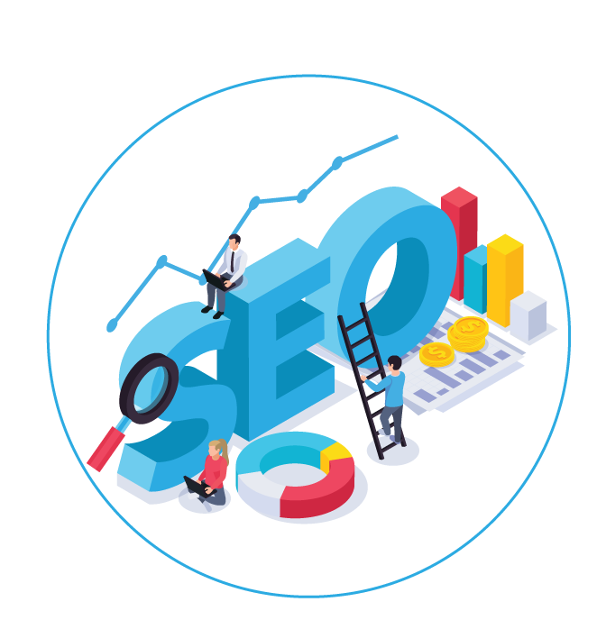 Illustration of the word "SEO" with miniatures working on charts, graphs, and a magnifying glass, representing search engine optimization and digital marketing.