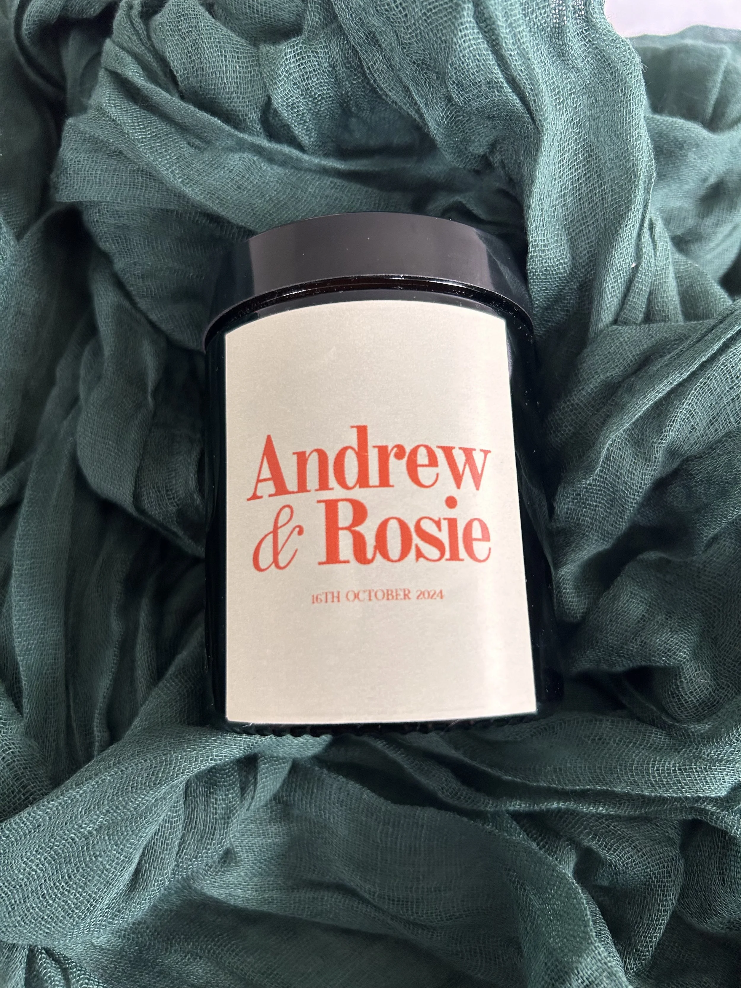 Personalised wedding candle favour with custom label for wedding guests UK