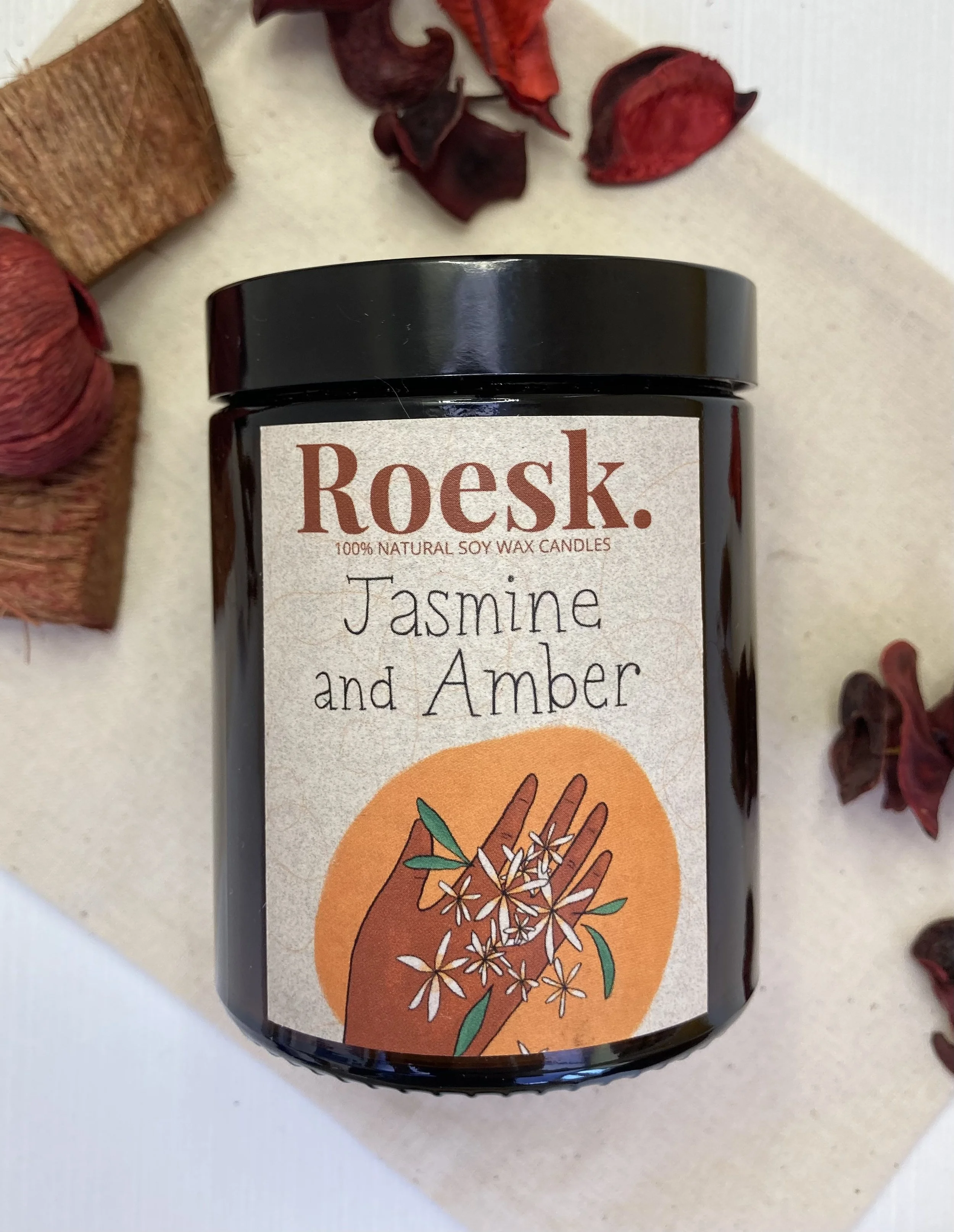 Jasmine & Amber handmade soy wax candle in amber jar by ROESK