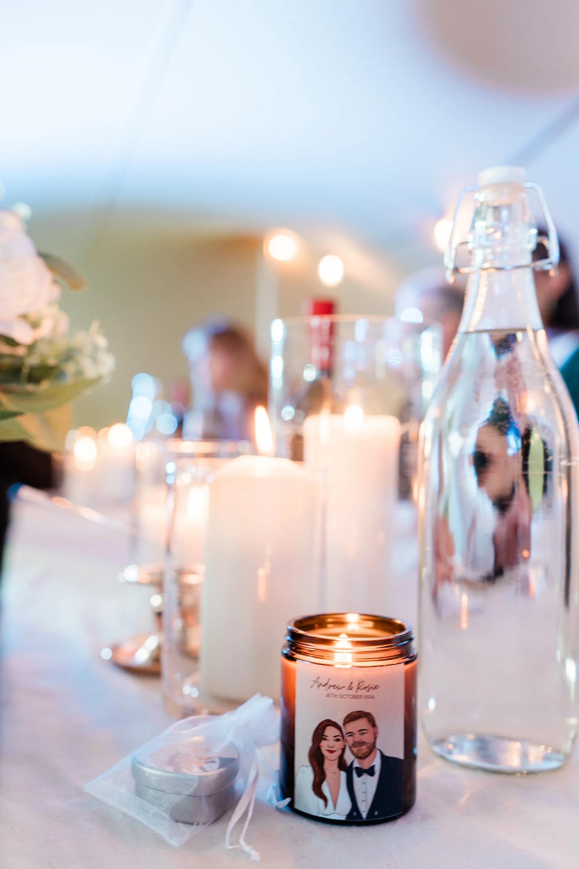 Handmade personalised wedding favour candle in amber glass jar by Roesk