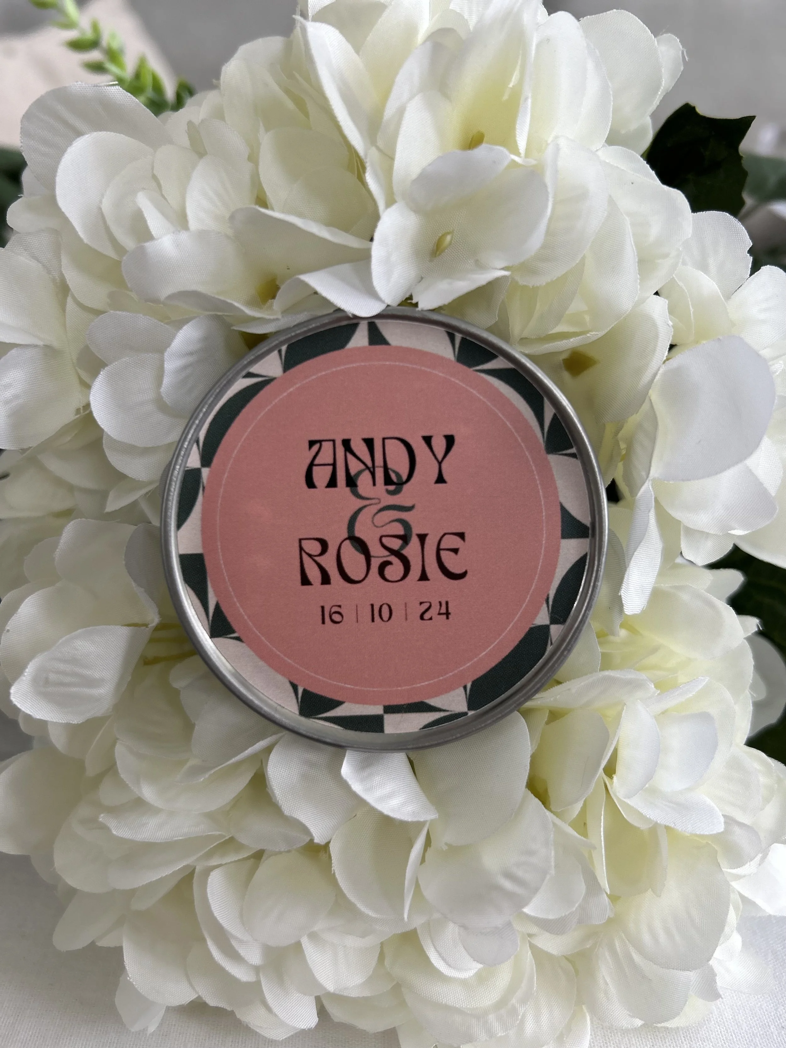 Personalised wedding favour soy wax candle with custom  couple names and date by Roesk UK