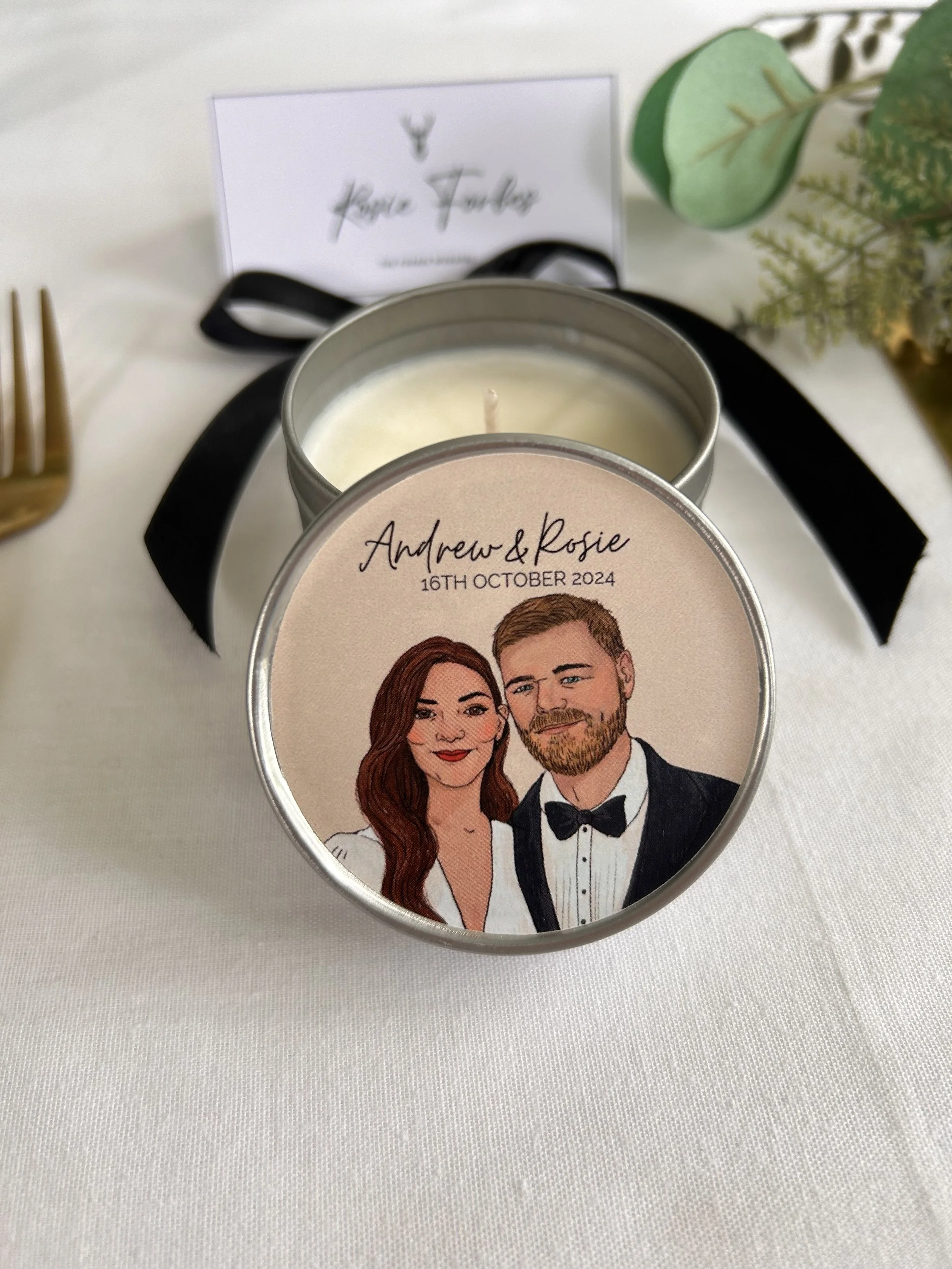 Personalised Wedding Favour Soy Wax Candle with custom couple names and date by Roesk UK