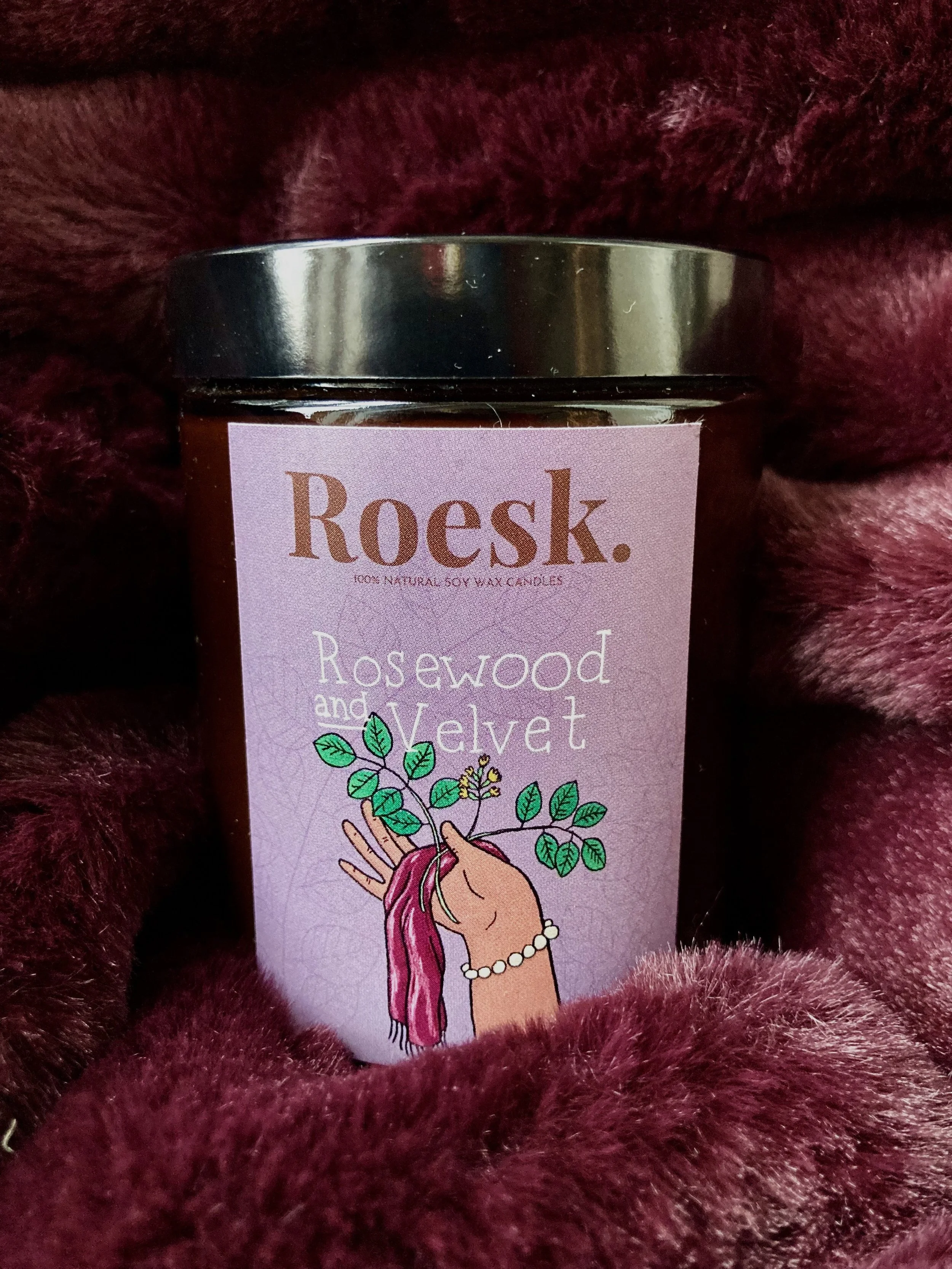 Rosewood and Velvet handmade soy wax candle in amber jar by ROESK