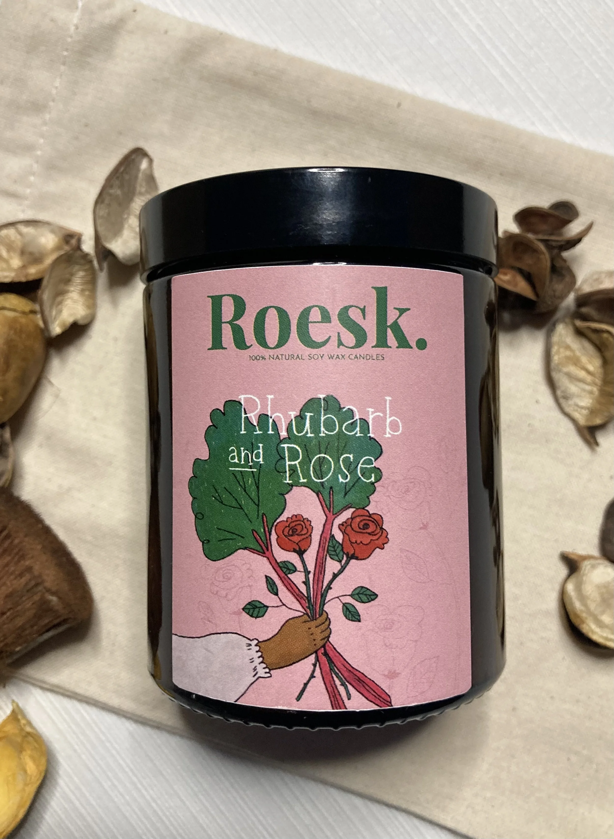 Rhubarb and Rose handmade soy wax candle in amber jar by ROESK