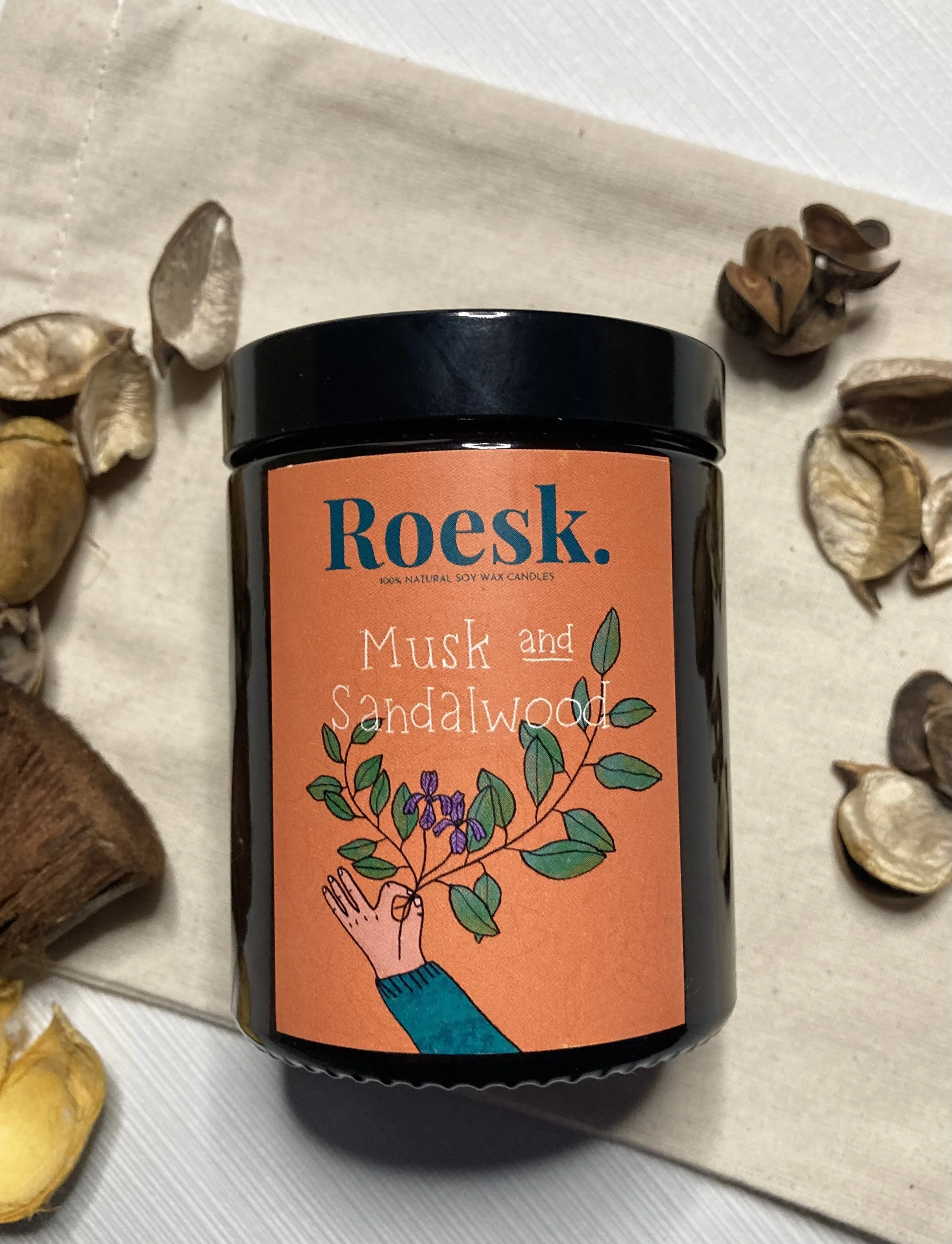Musk & Sandalwood handmade soy wax candle in amber jar by ROESK
