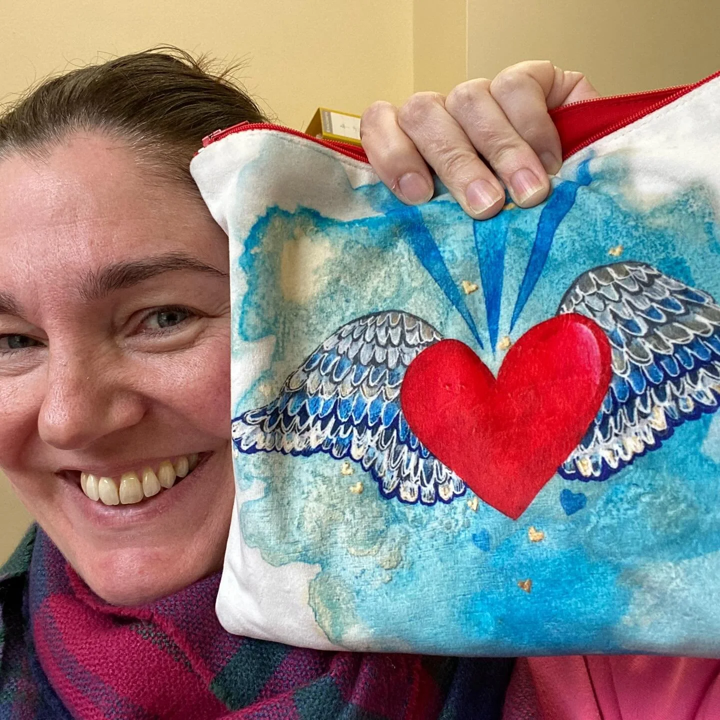 My BEAUTIFUL accessories pouch that I have with me everyday. Featuring my &lsquo;Angel Sky&rsquo; painting. I had the fabric printed (softest velvet ever!) and then made locally. I love her. Makes me so happy. Ps&hellip; the original painting is stil