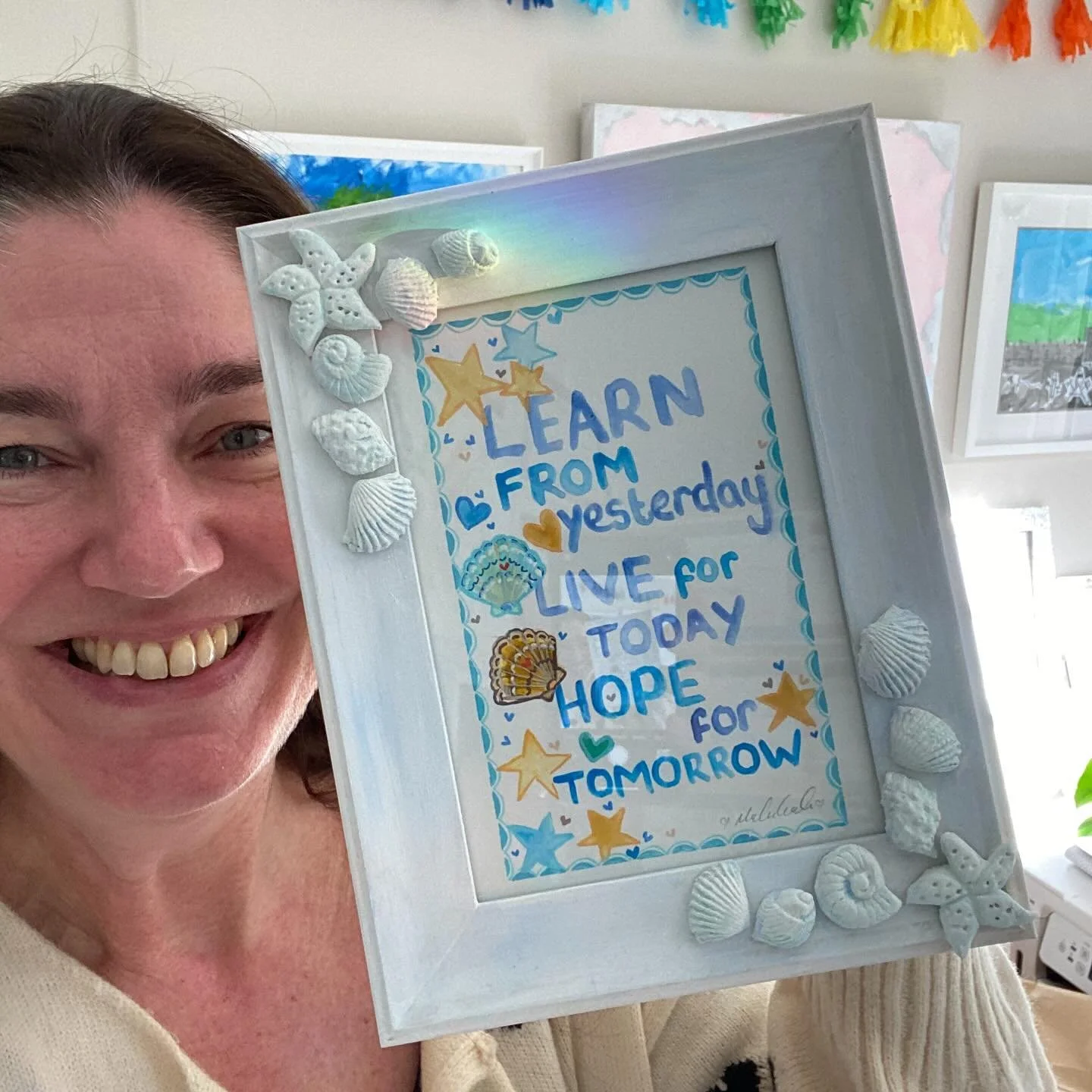 I created this for my friend. She loved the quote (I didn’t write it) and she already had a plaque hanging in her bathroom that wasn’t really that pretty to look at. She wanted ‘beachy’ themed. So I repainted the quote and for