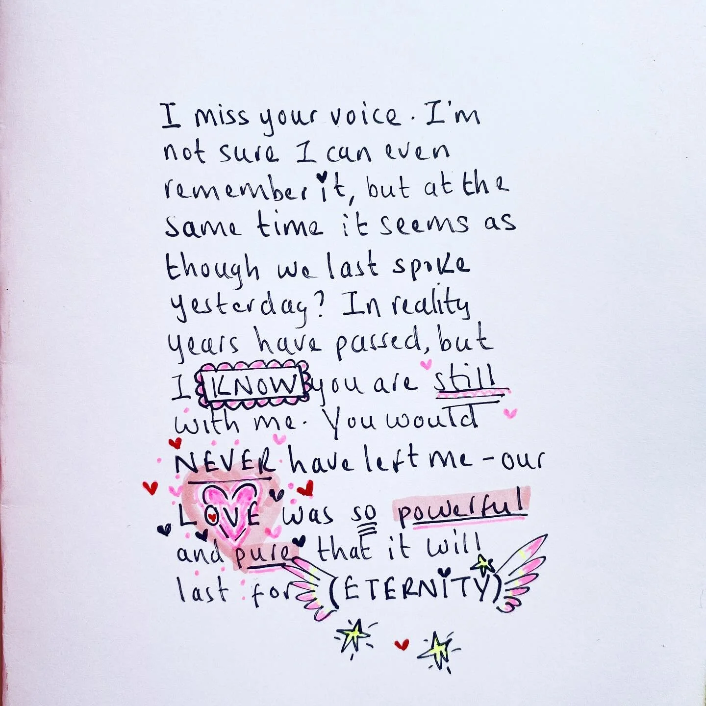 For you mum. I miss you sooooooo much, every day, but I know you&rsquo;re with me. True, kind, gentle, beautiful love lasts FOREVER. Sending love to you too if you&rsquo;re missing a loved one 🪽💗. #nickyluckart #sharealittlelove #missyoumum #grief 