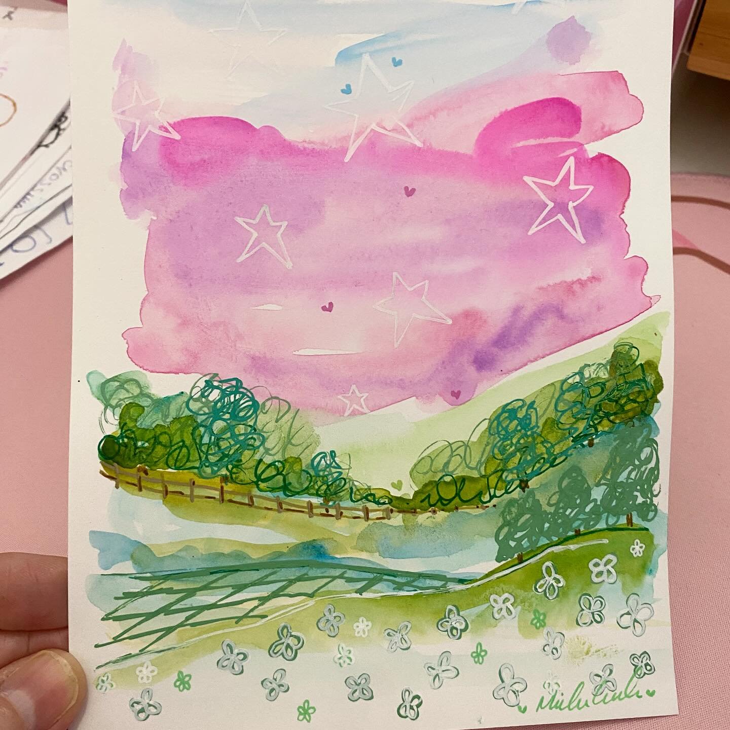 This is the painting i created for my #sharealittlelove print club competition. I called her &lsquo;Once Upon a Pink Sky&rsquo; as she just looks like a place where fairytales come true and wishes are made 💗. Can you see the teeny hearts in the sky?