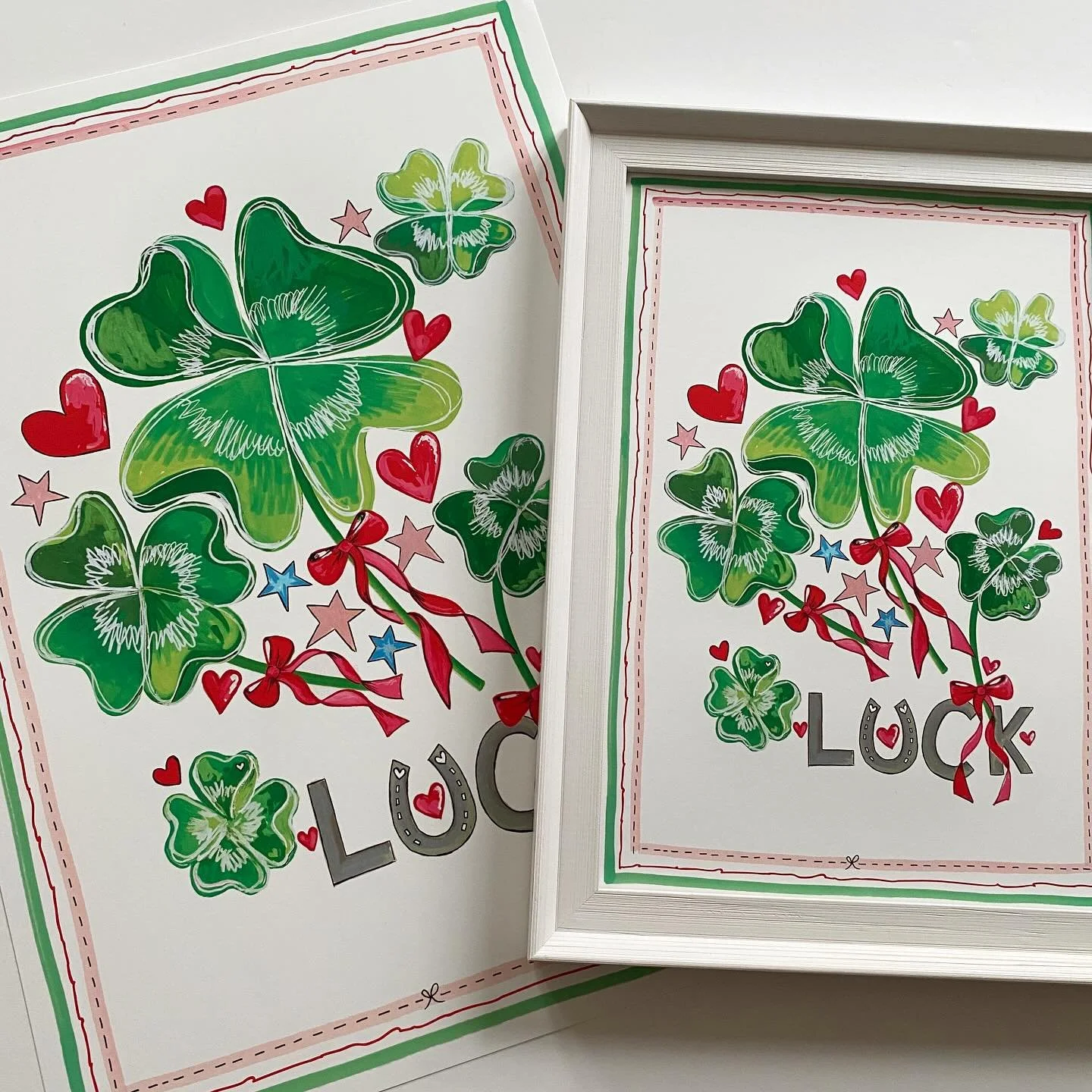 From creating the original painting, to scanning and colour matching she&rsquo;s finally here! My new Four Leaf Clover &lsquo;Luck&rsquo; print 🍀❤️⭐️. Whether you believe in Lucky symbols or that you make your own &lsquo;Luck&rsquo;, this print will