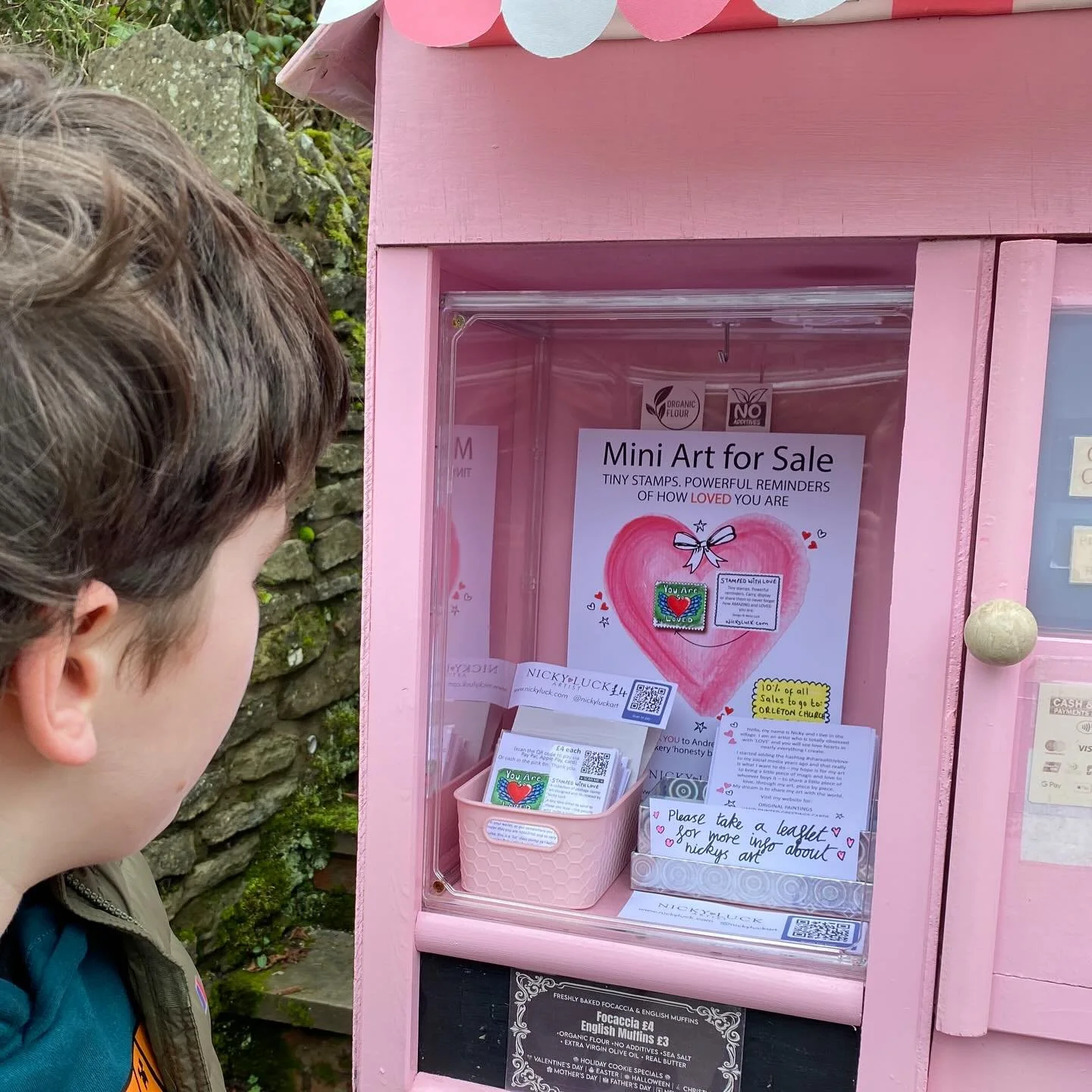 *** Exciting News*** My art is now for sale from the gorgeous &lsquo;Small Bakery&rsquo; pink honesty box in Orleton Village. I&rsquo;m selling my &lsquo;Mini Stamp&rsquo; prints. Tiny art. Powerful Reminders. Carry, display or share them to never fo
