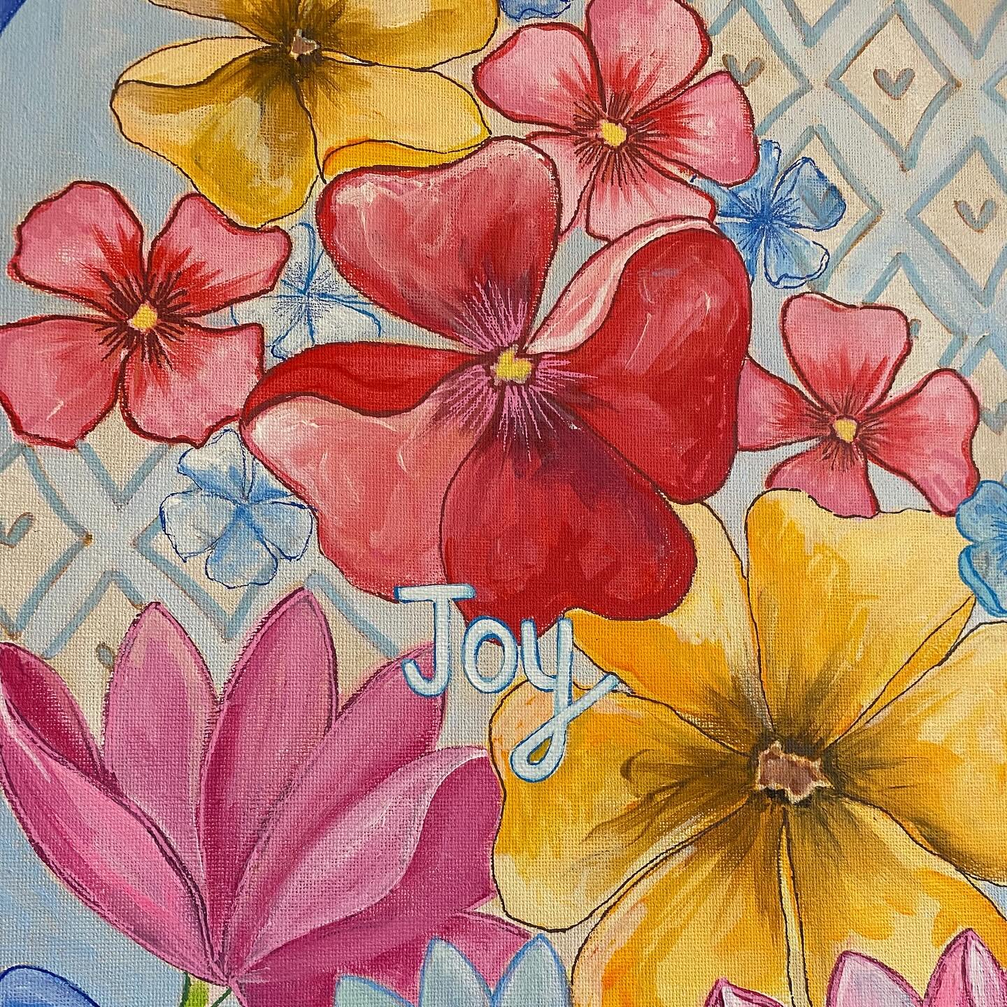 Been busy painting &lsquo;Joy&rsquo;. She&rsquo;s coming along beautifully although I&rsquo;ve changed the background colour about 6 thousand times ha ha. 💛 #nickyluckart #sharealittlelove #joy #joyfulart #floralpainting #lovehearts #love