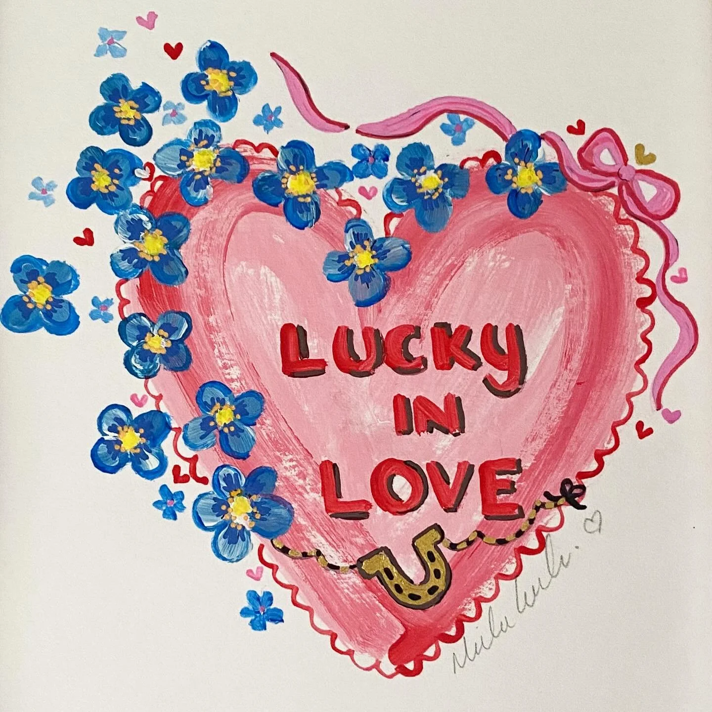 To be able to add my surname &lsquo;Luck&rsquo; to this &lsquo;Lucky in Love&rsquo; painting is so unique and special! 🍀💗 #nickyluckart #sharealittlelove #luck #lucky #luckyinlove #luckyart #goldhorseshoe #specialweddinggift