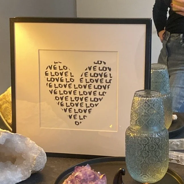 LOVE seeing my art in your home 🖤🤍. My LOVE LOVE LOVE fine art print looks gorgeous in the lovely Emma&rsquo;s @the_skin_warrior home. Thank you so much for choosing my art and for sharing. 😍 #nickyluckart #nickyluck #love #monochrome #heartprint 