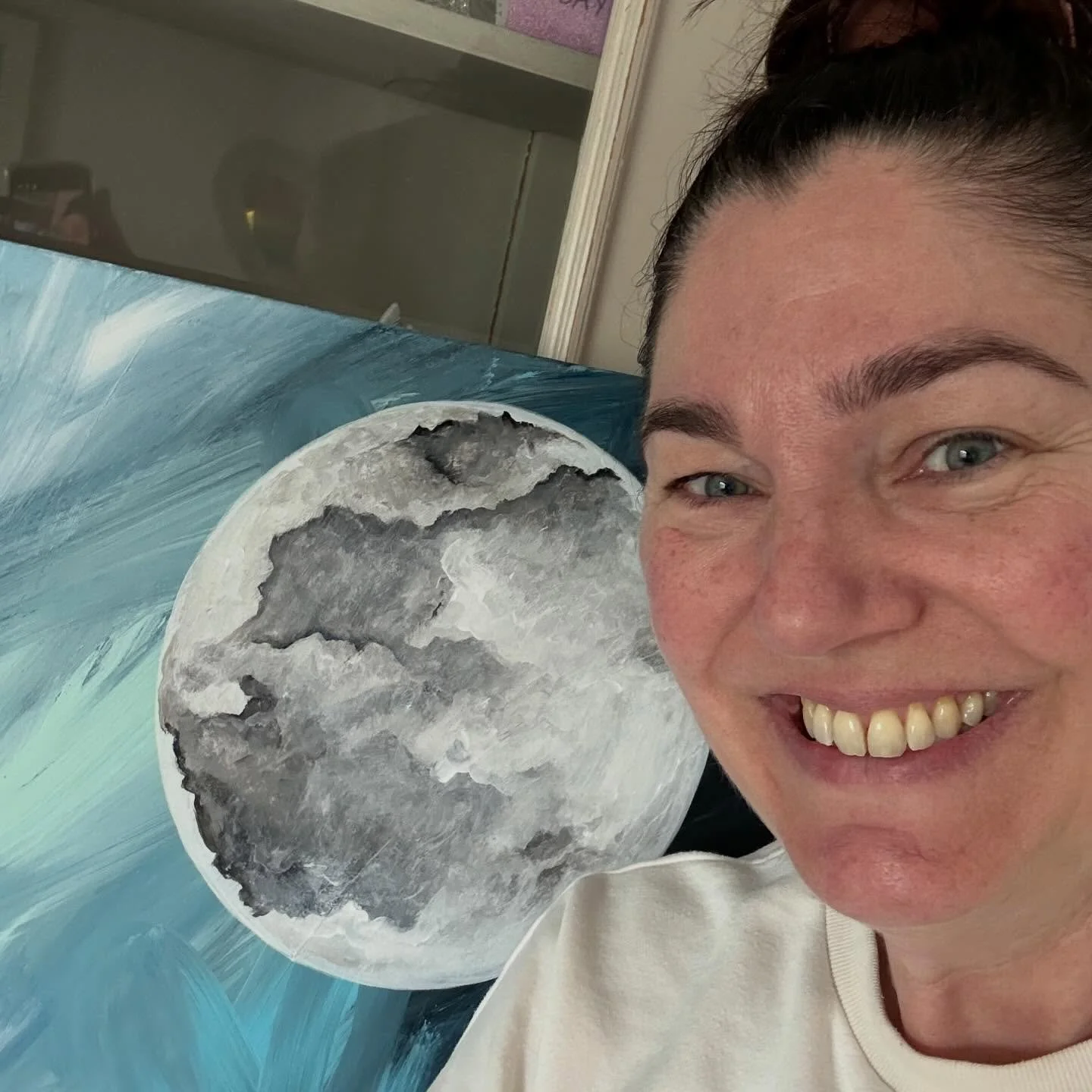 Just a girl standing infront of her moon waiting for her to dry so I can add 6 thousand more paint layers!! 🌒. Day 2 of painting this beauty. Storytelling &lsquo;love &lsquo; from movies through my art ❤️. #sharealittlelove #loveinmovies #celebratin