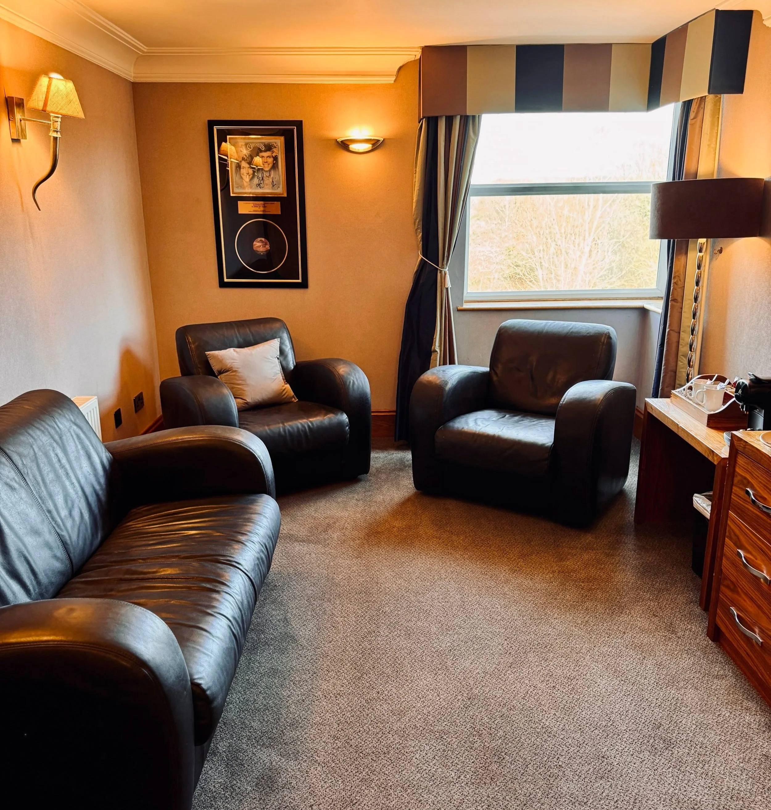 Hotel room with a leather sofa and two armchairs by a window with views of greenery, a wooden cabinet with a stereo and other electronics, wall-mounted TV, framed artwork, curtains, and a wall-mounted light.