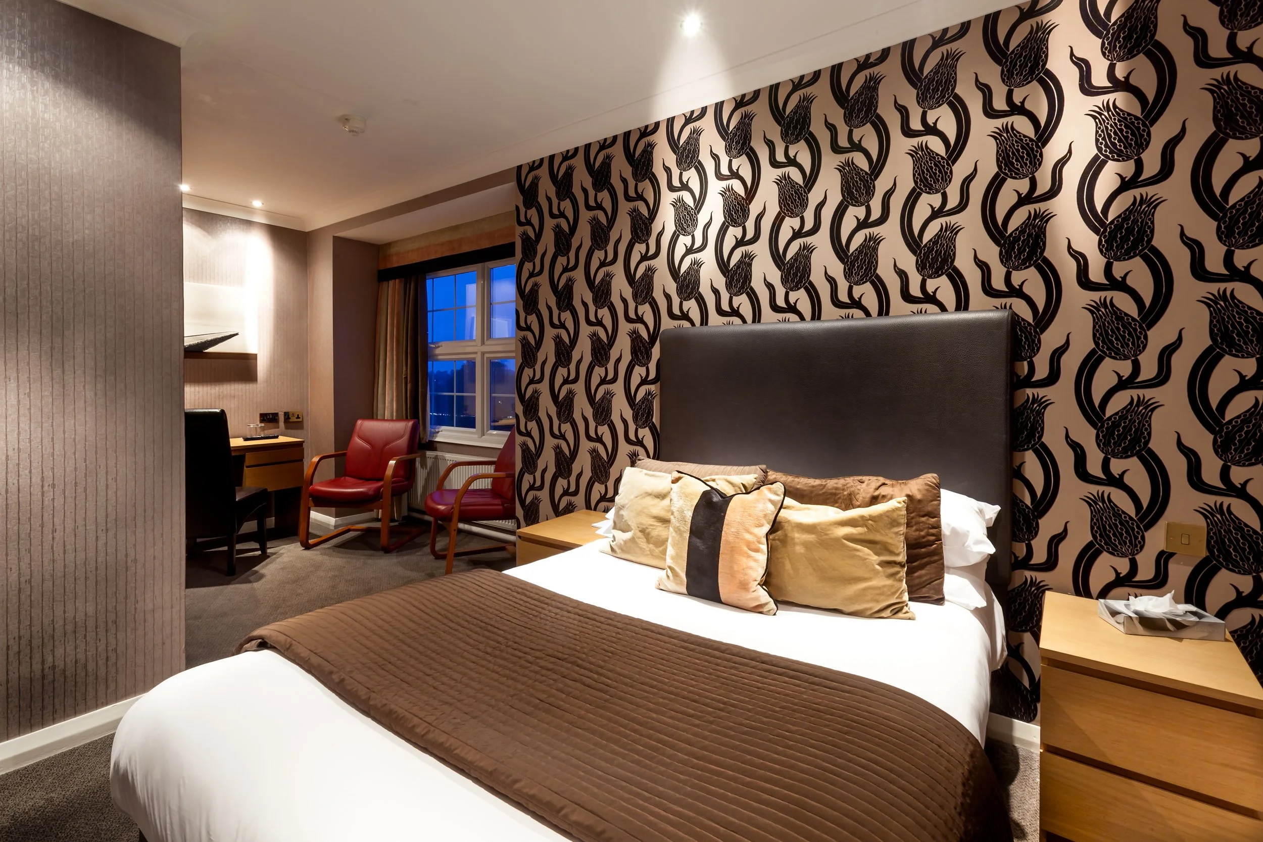 Hotel bedroom with bed, pillows, a wallpapered accent wall, bedside table with tissues, a writing desk, and two chairs near a window showing a blue sky