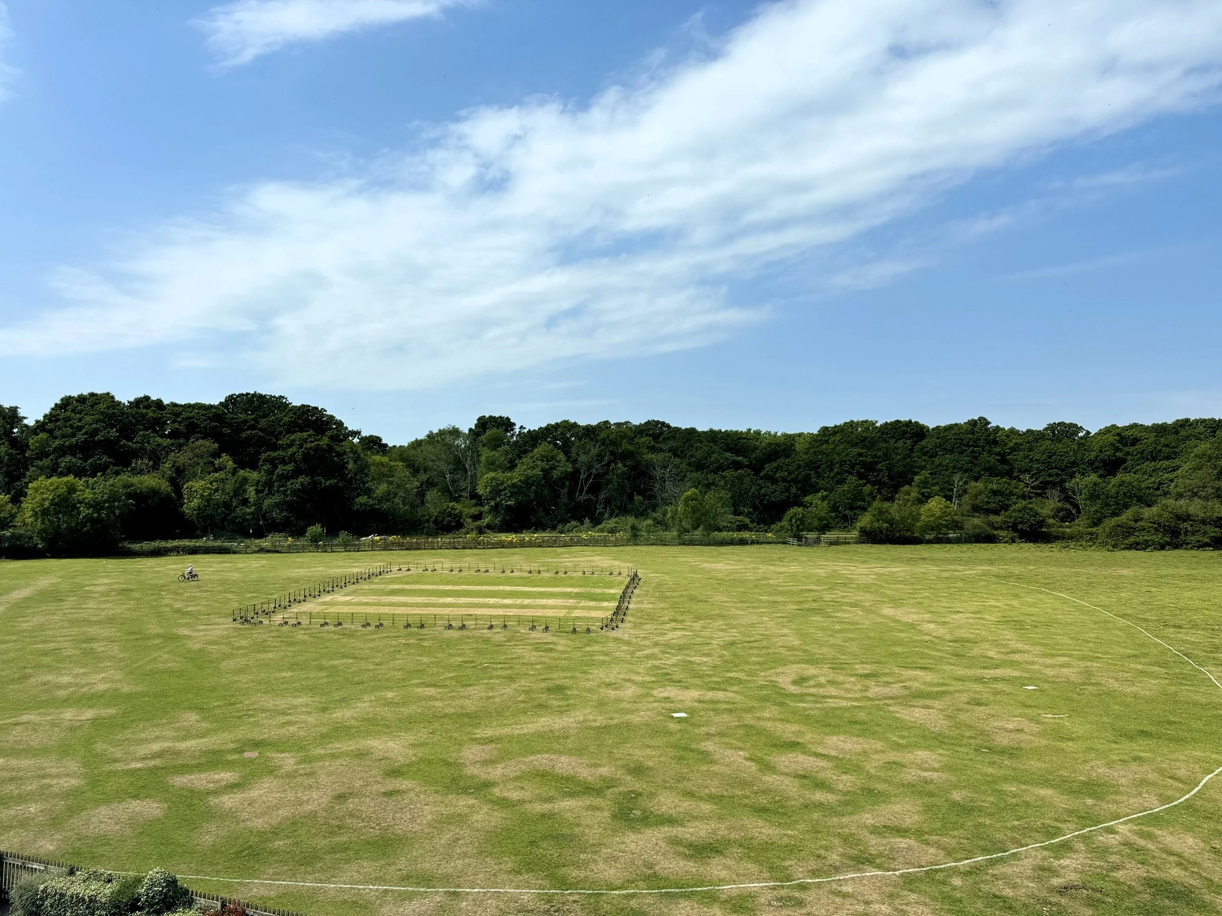 Open grassy field with a small fenced area and a person riding a bicycle in the distance, trees and a blue sky with clouds overhead