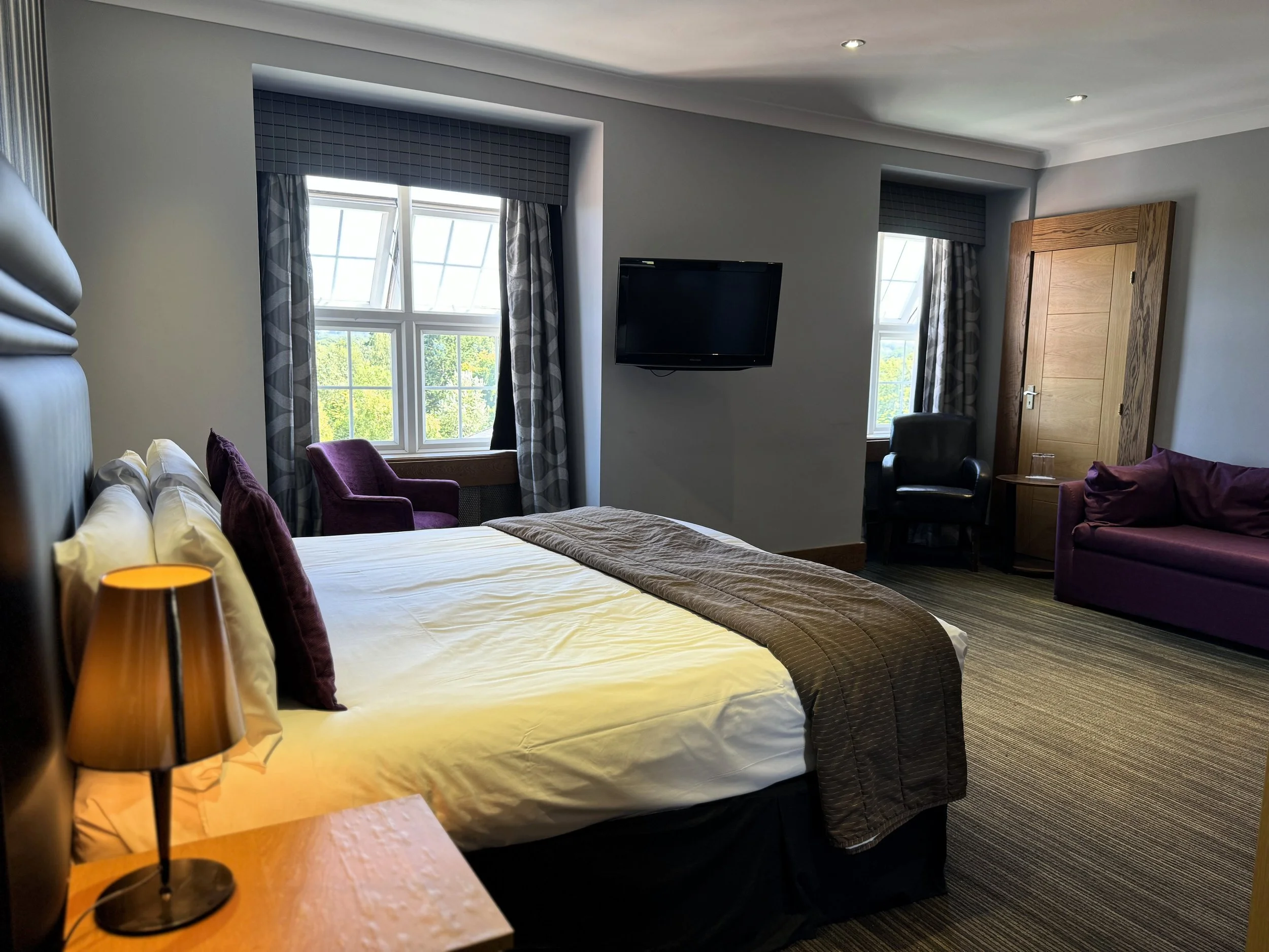 A hotel room with a bed, purple armchair, purple sofa, black armchair, wall-mounted TV, wooden door, windows with curtains, table lamp, and a small table.