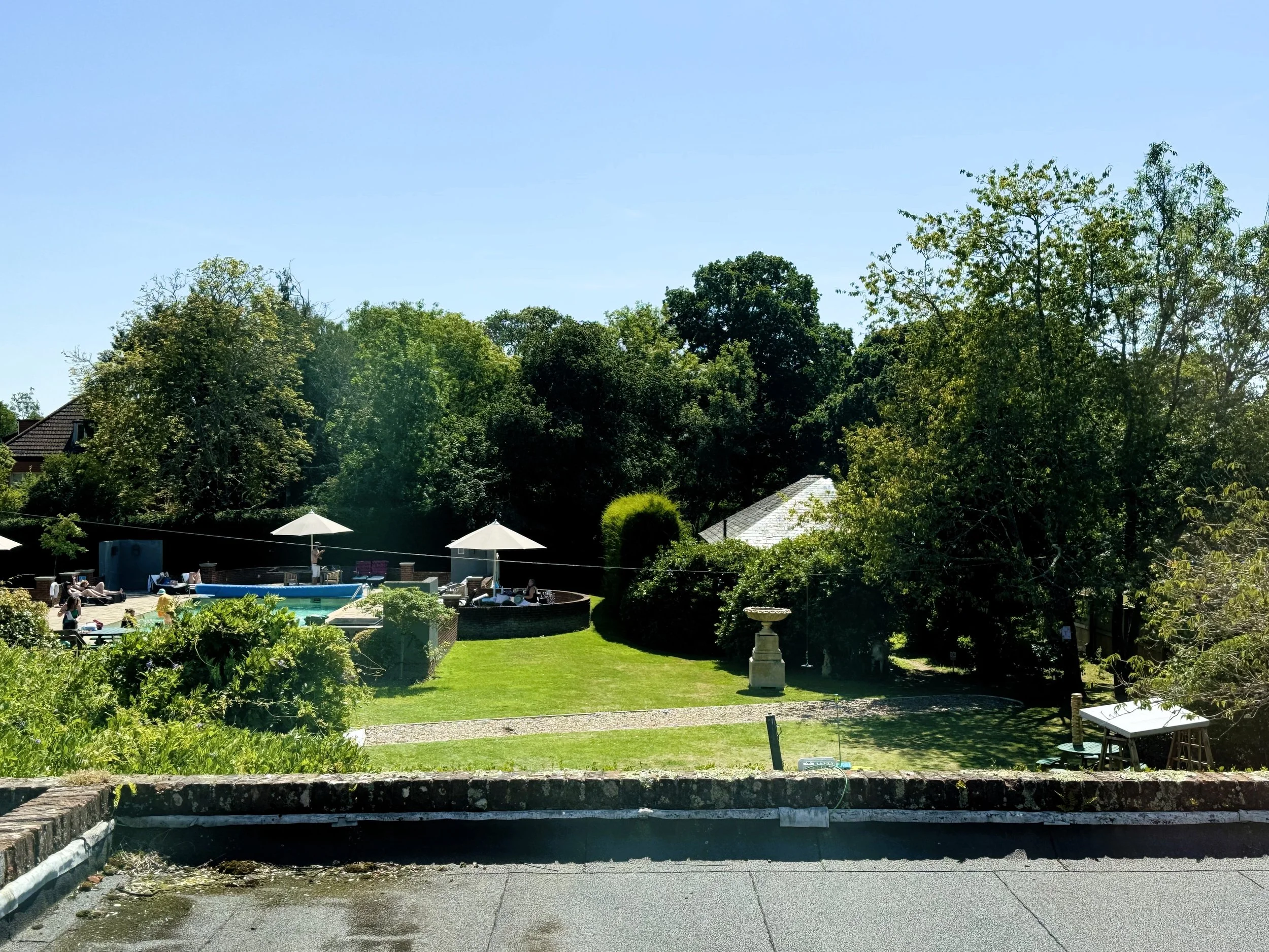 View of a backyard with a swimming pool, outdoor seating, umbrellas, lush green trees, and a clear blue sky.