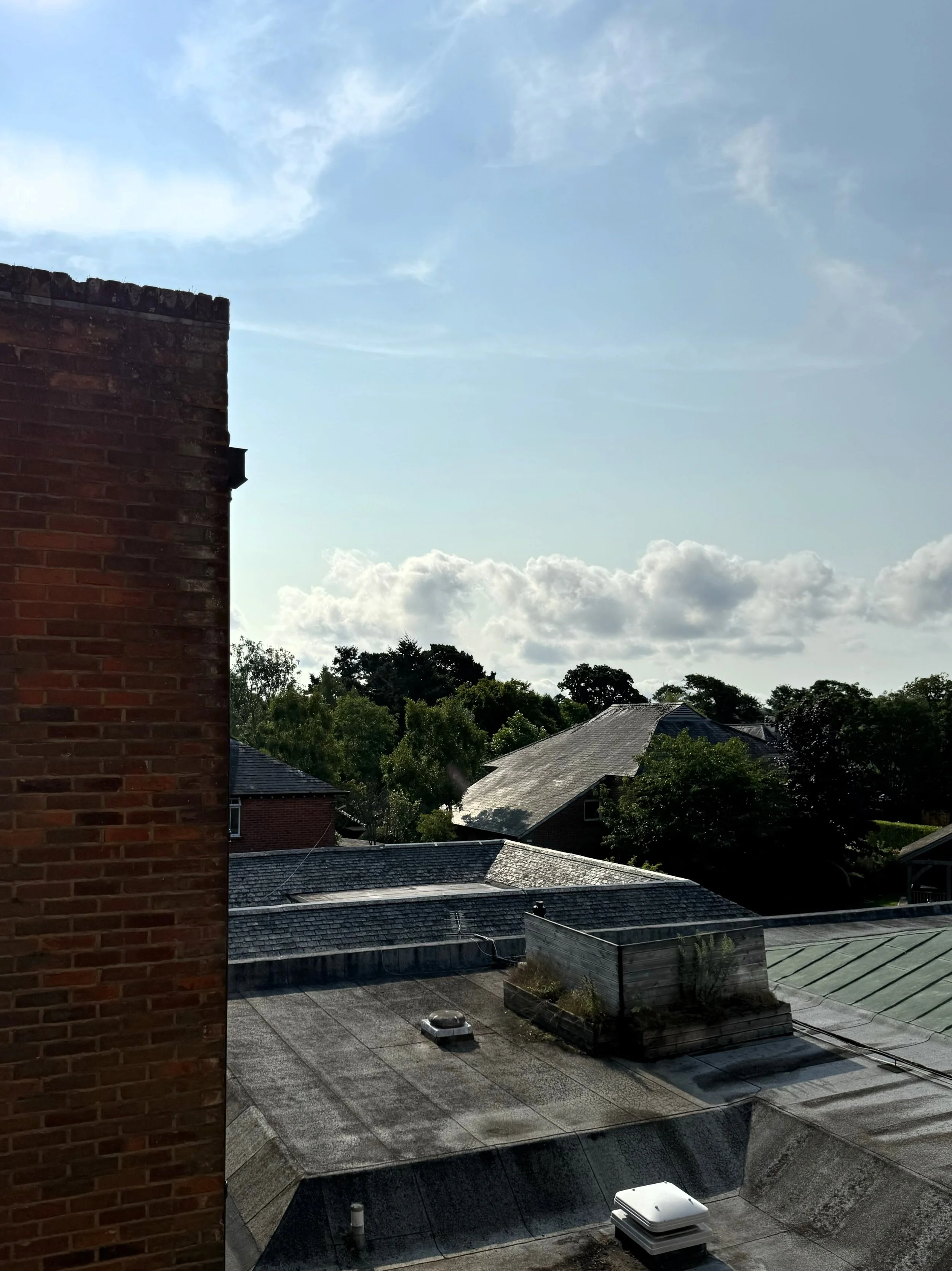 A view of rooftops and trees under a partly cloudy sky, with a brick building on the left side.