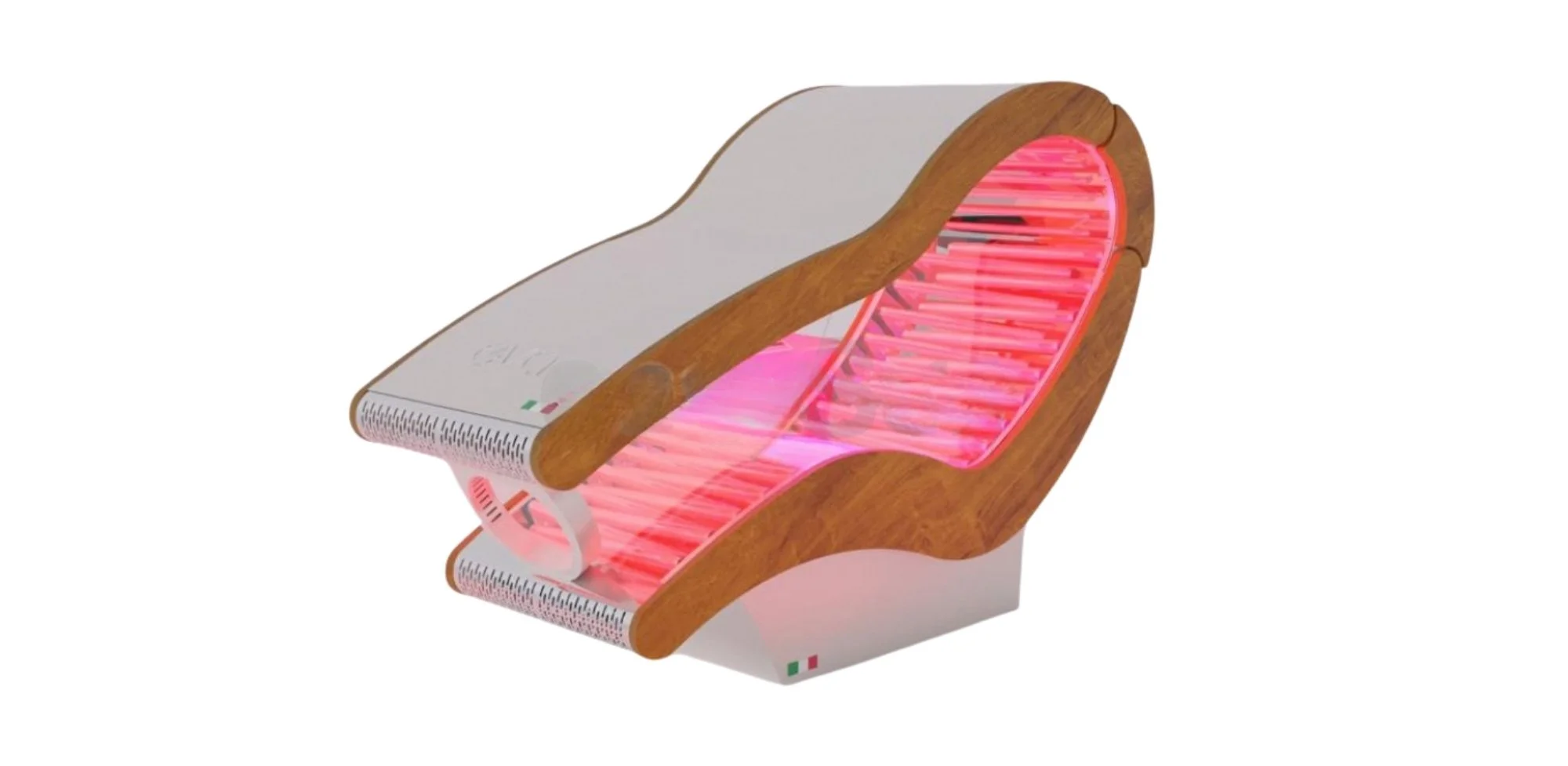 A modern lounge chair with a wooden frame and pink heating elements inside, designed for relaxation and warmth.