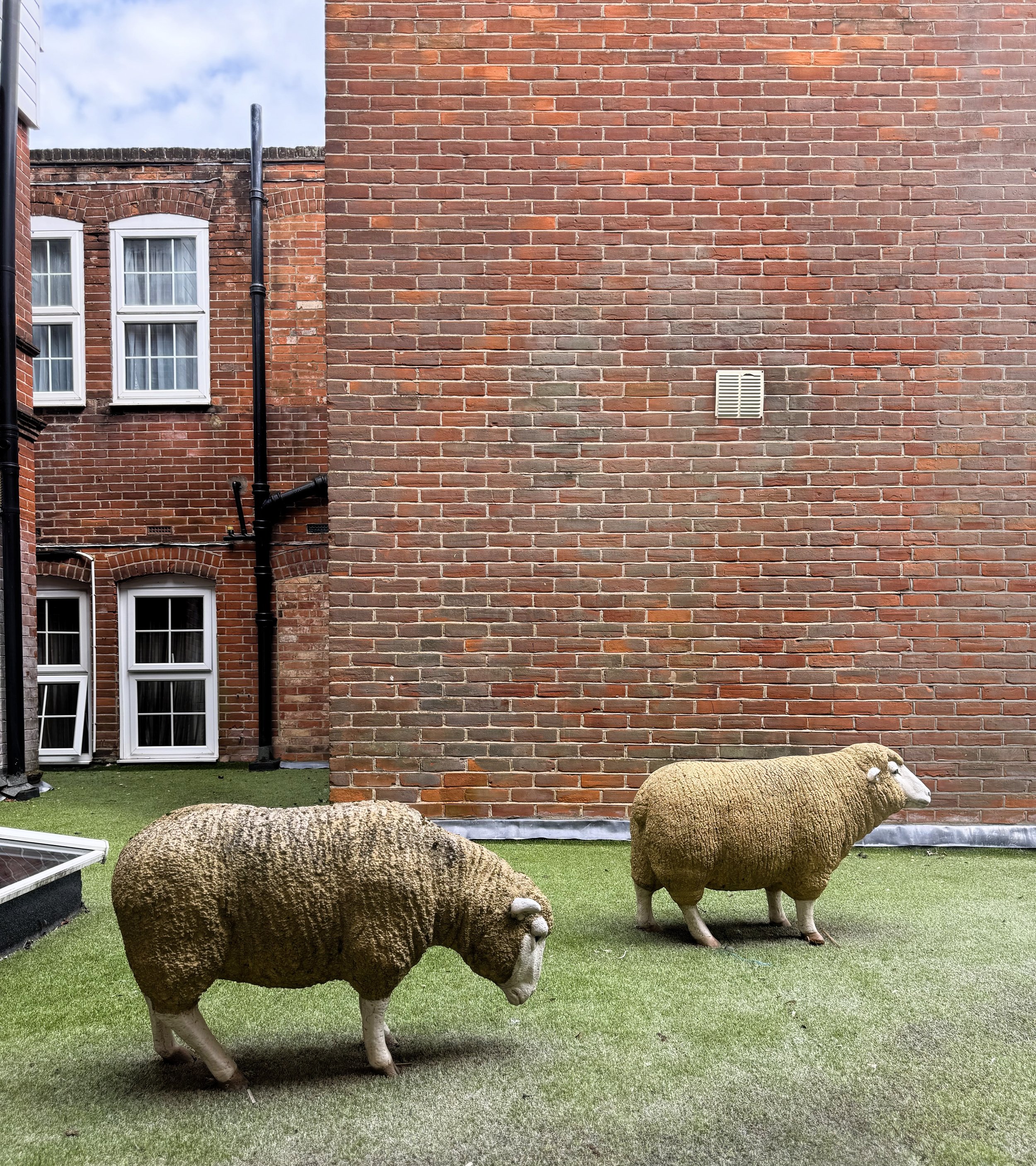 Two sculptures of sheep with textured wool bodies, standing on artificial grass against a brick wall backdrop in a backyard or garden setting.