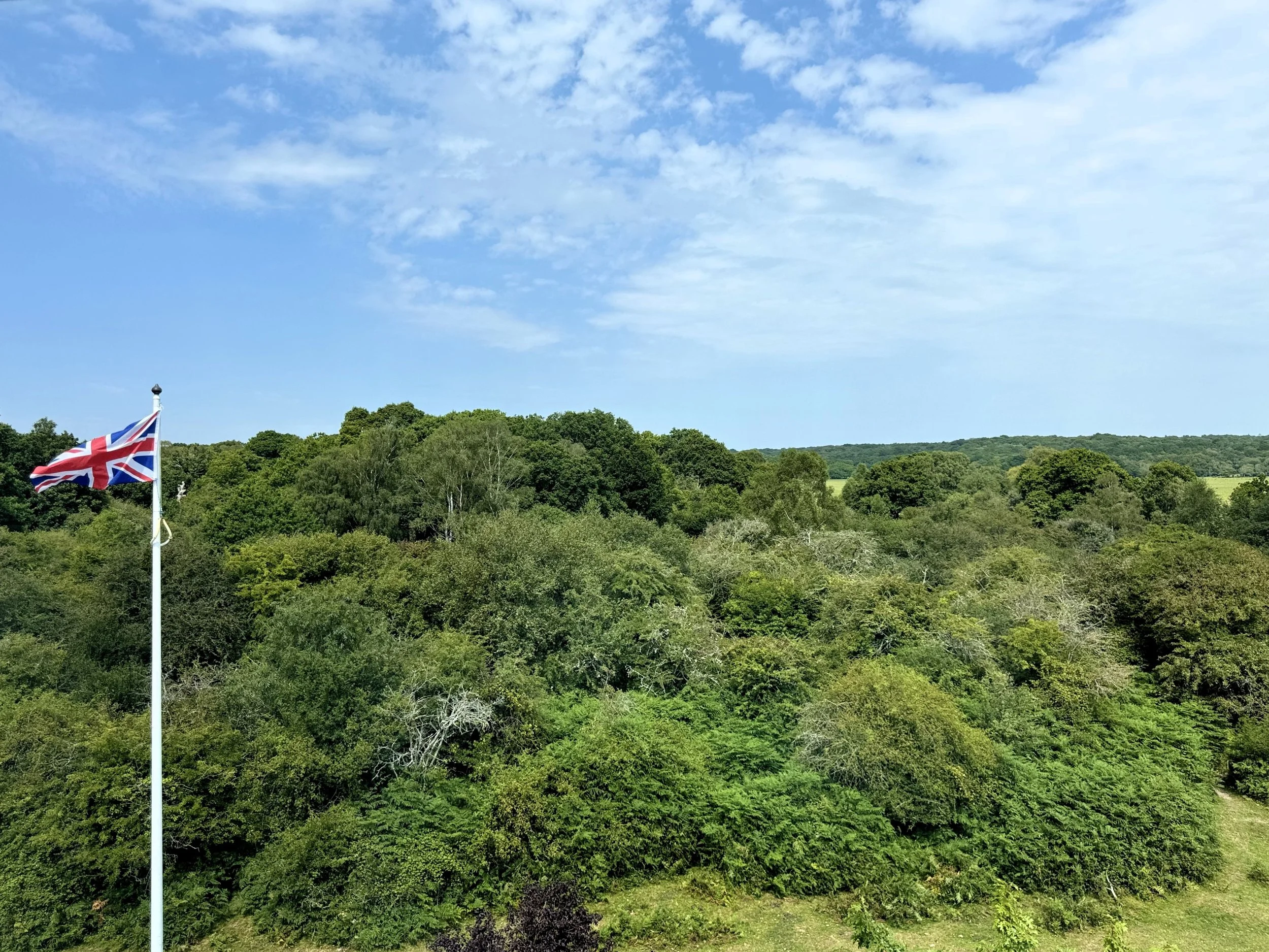 A British flag waving on a flagpole in front of a lush green forest under a partly cloudy blue sky.