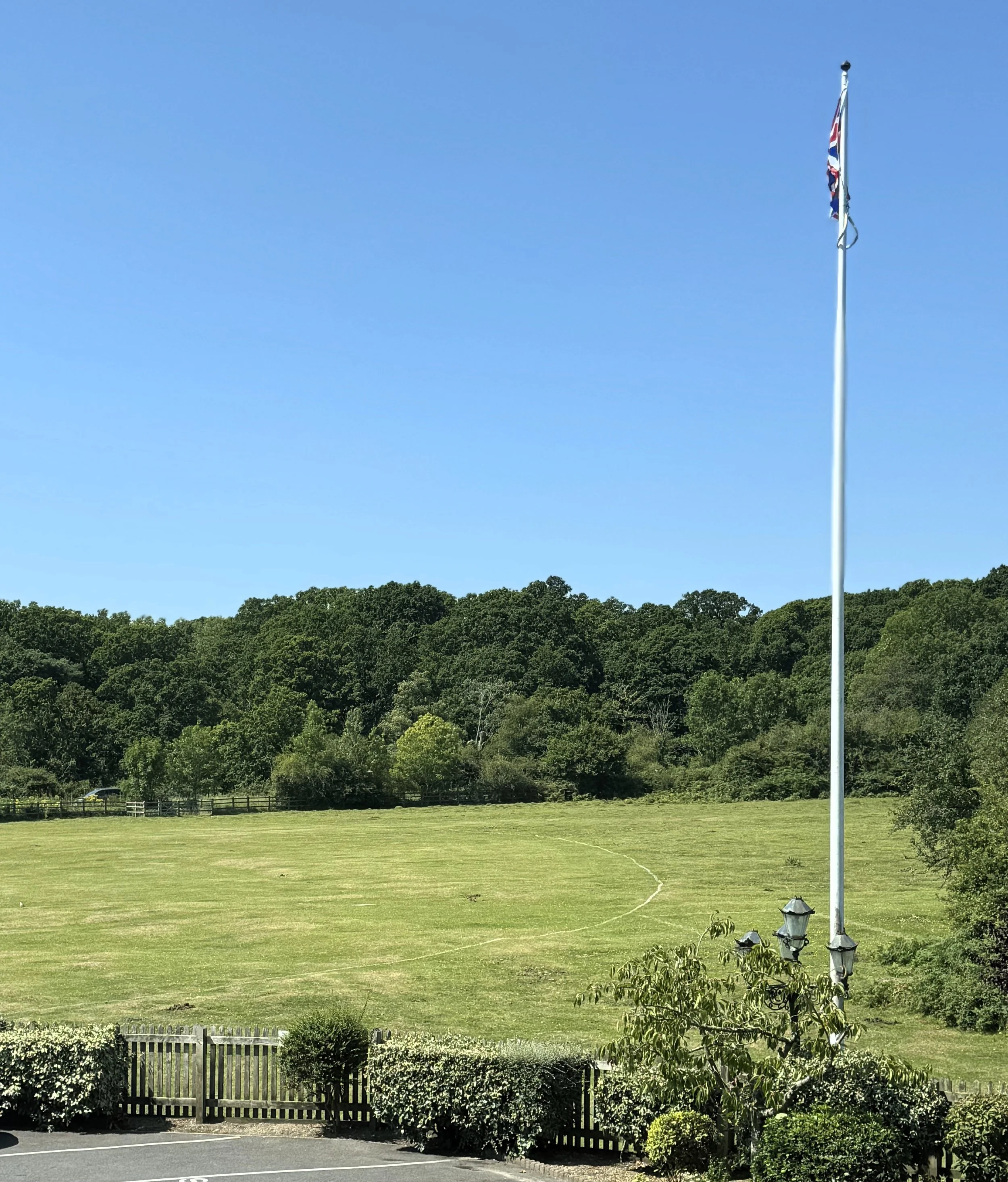 A large open grassy field with trees and a dense forest in the background, a tall flagpole with a Union Jack flag, and some lampposts near a fence at the bottom.