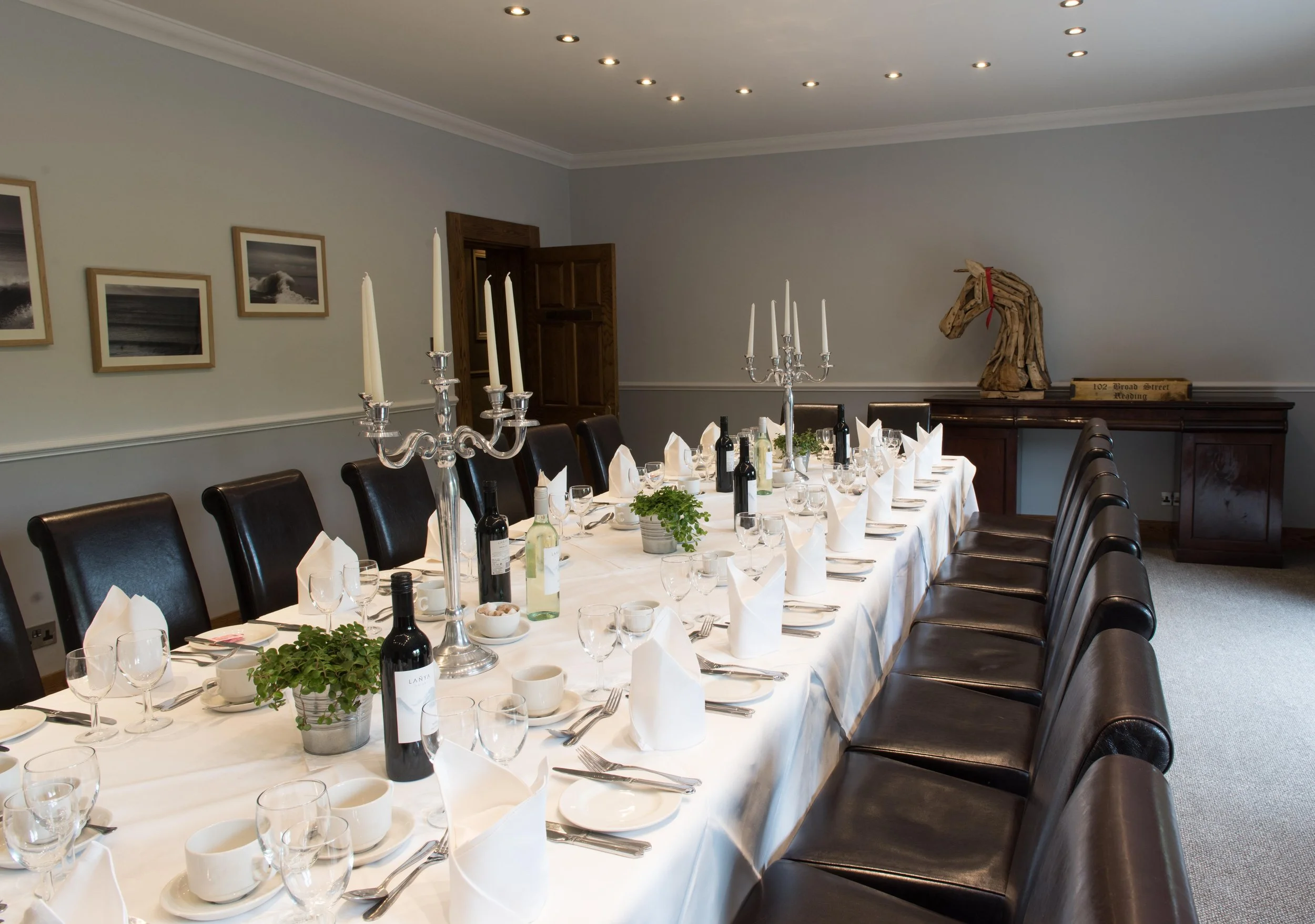 Avon room for private dining features a private entrance and terrace, perfect for enjoying spring sunshine and privacy. Elegant and intimate setting for up to 32 guests, with comfortable and stylish decor.