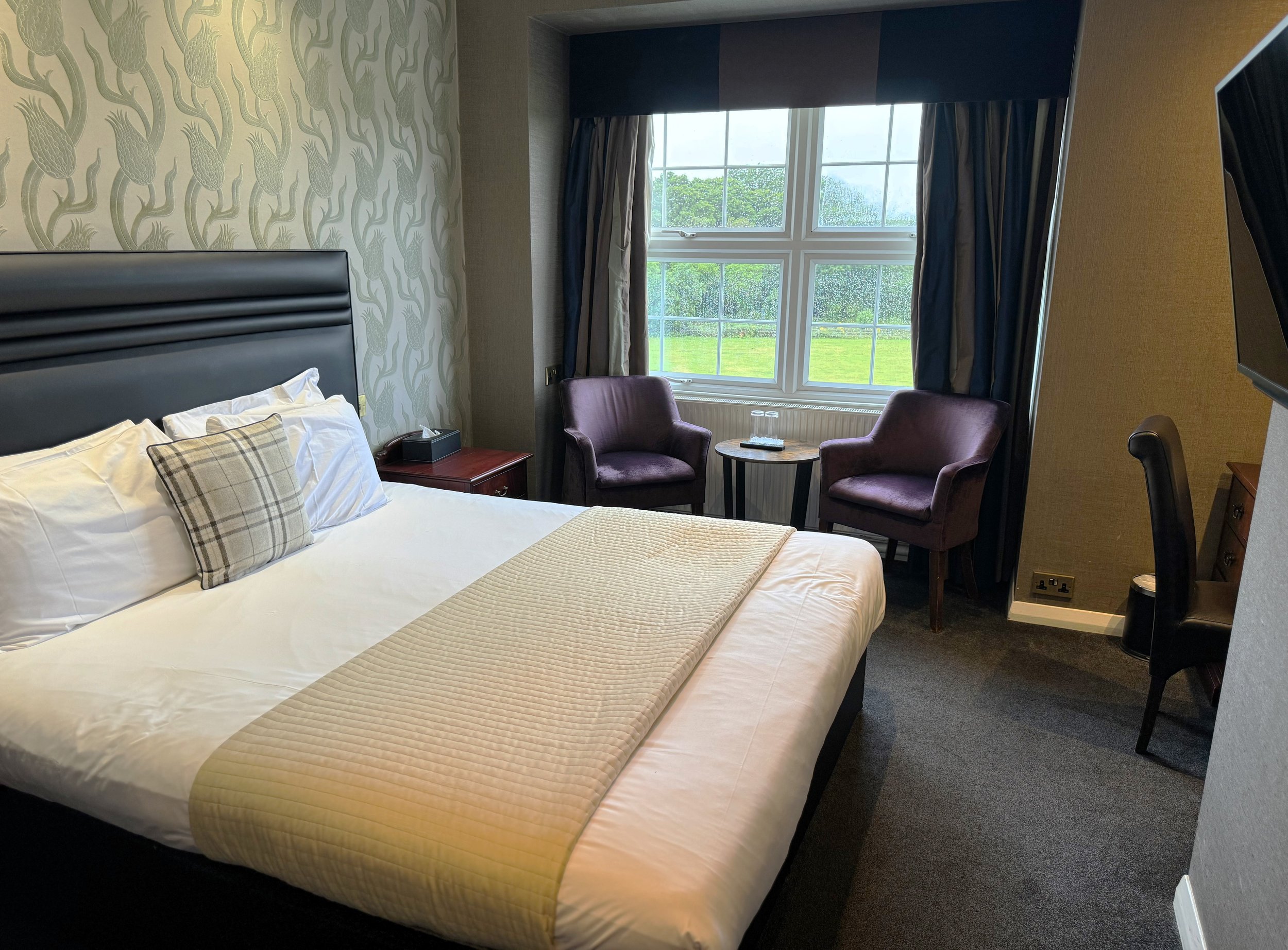 A hotel room with a large bed, two purple armchairs near a window, and a small round table. The window shows a view of a green lawn and trees, with curtains on either side.