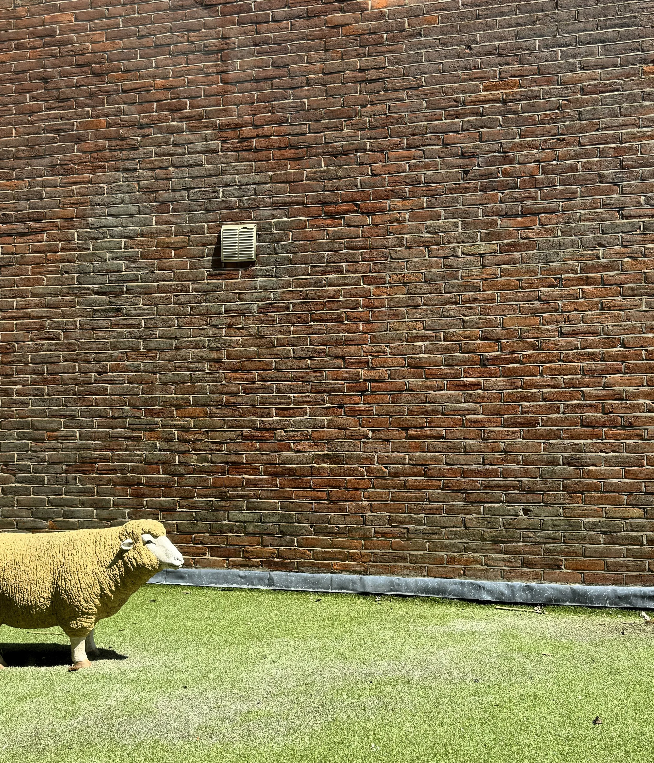 A sheep sculpture with a woolly cream-colored body and a white face standing on artificial grass in front of a brick wall with a small vent.