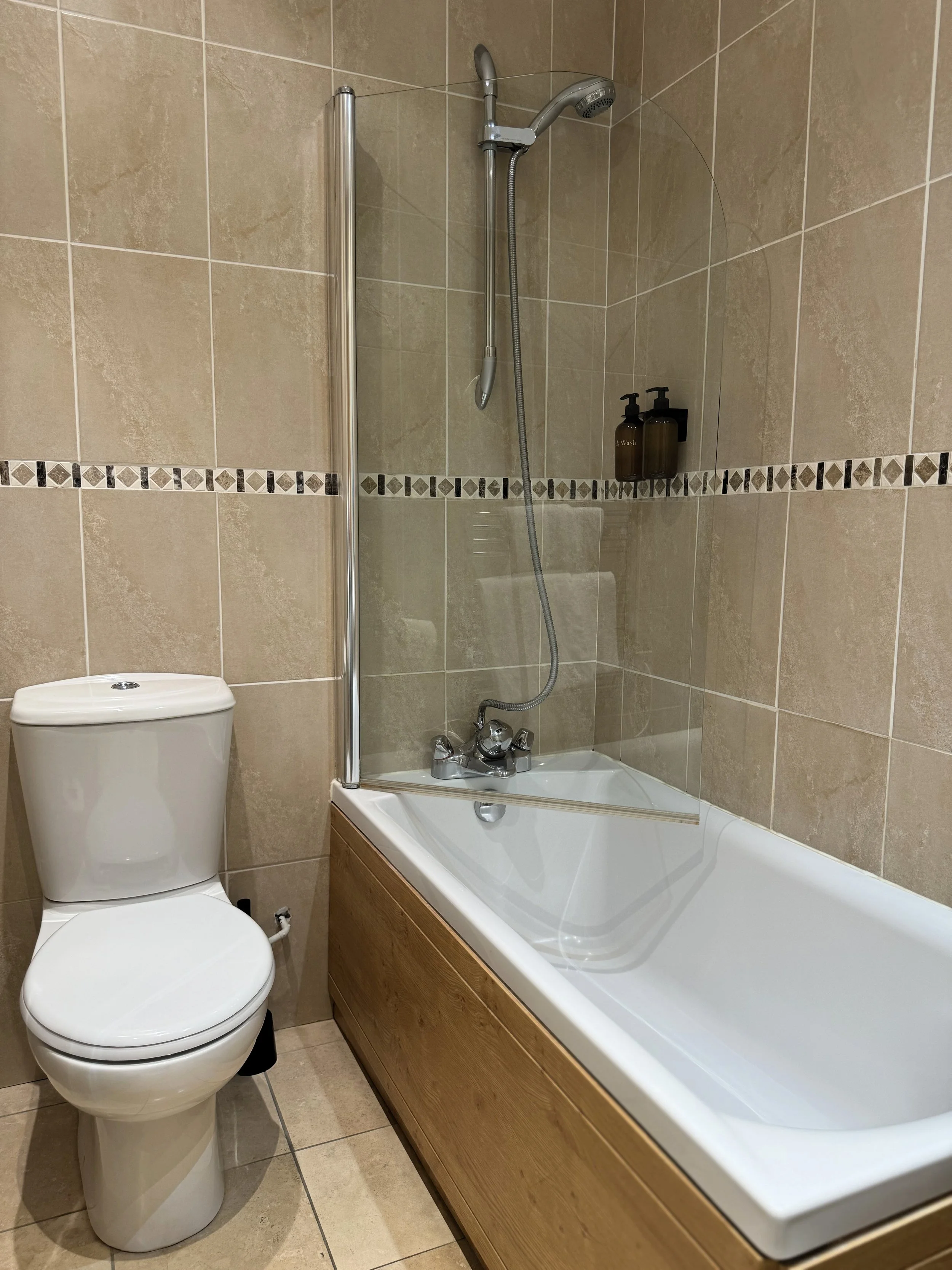 Bathroom with a toilet, a bathtub with a glass shower screen, a showerhead, and wall-mounted soap dispensers.
