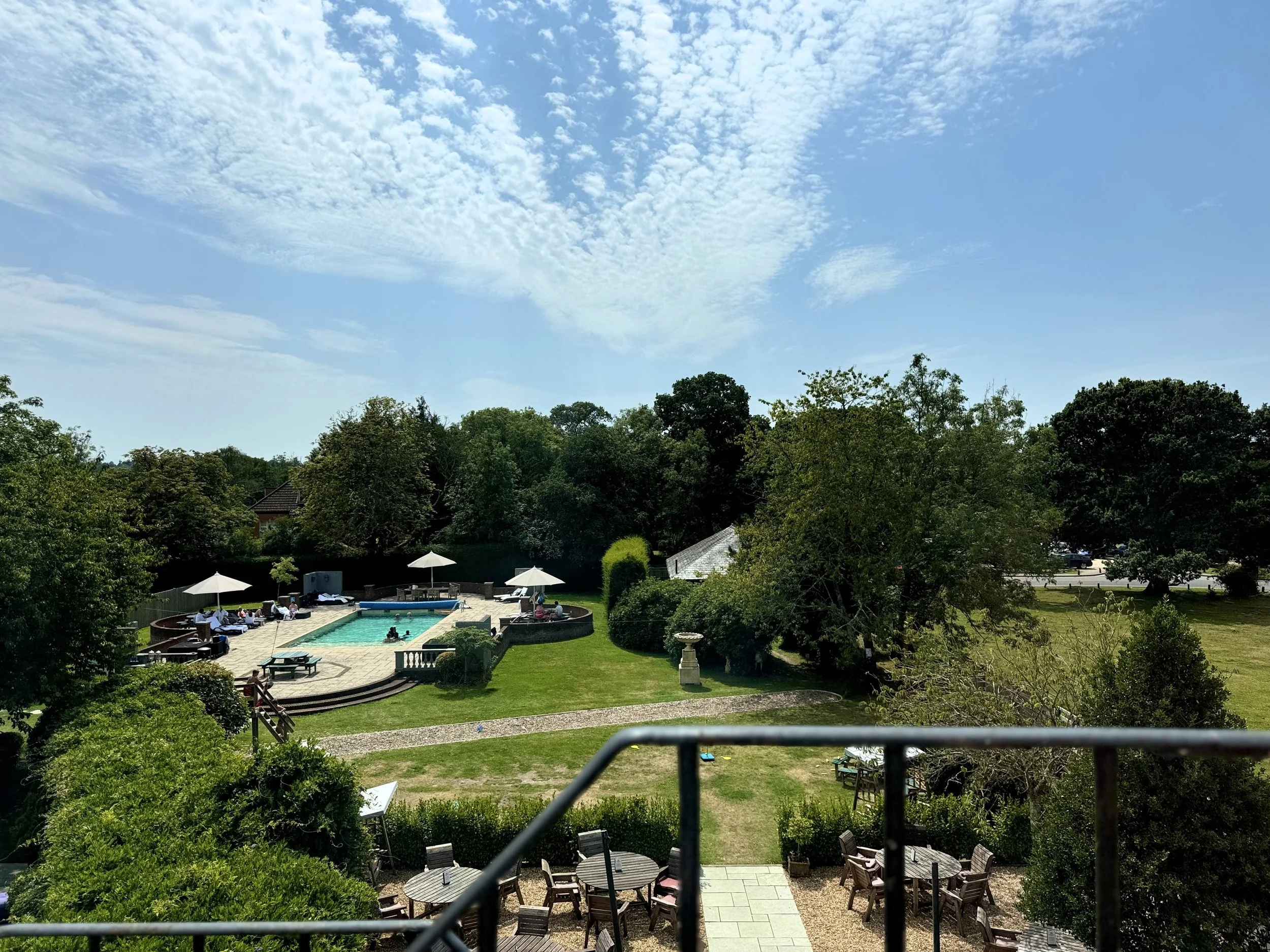 Outdoor view of a swimming pool with lounge chairs, umbrellas, and people swimming, surrounded by green trees and a grassy yard under a blue sky with scattered clouds.