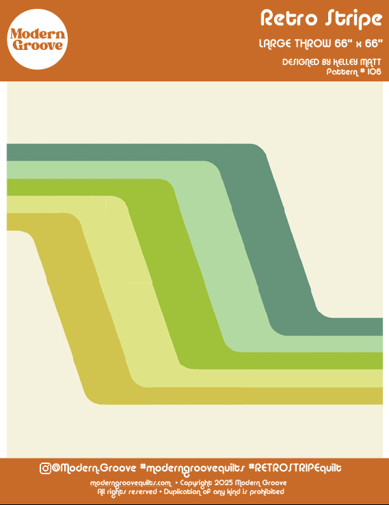 Packaging design for Modern Groove Retro Stripes fabric, large throw size 66" x 66", featuring multicolored retro stripe pattern in shades of green, yellow, and blue with a brown header including branding and pattern information.
