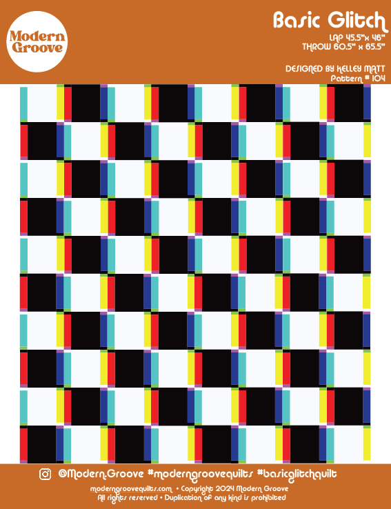 A fabric pattern named 'Basic Glitch' featuring a geometric design with black squares and colorful lines in red, yellow, blue, and white on a white background, designed by Kelley Matt.