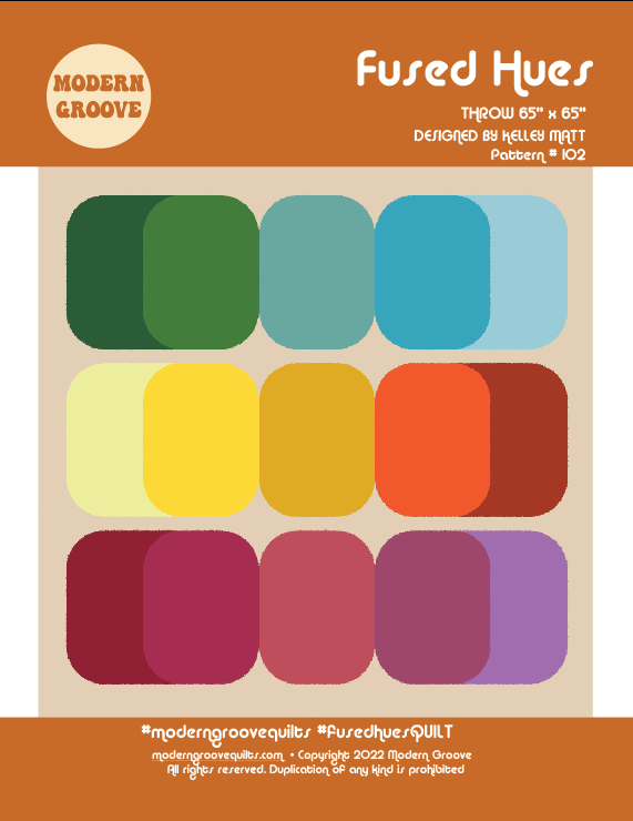 Color swatch chart featuring nine fused hues in shades of green, blue, yellow, orange, red, and purple with an orange header and footer, labeled as "Fused Hues" by Modern Groove.
