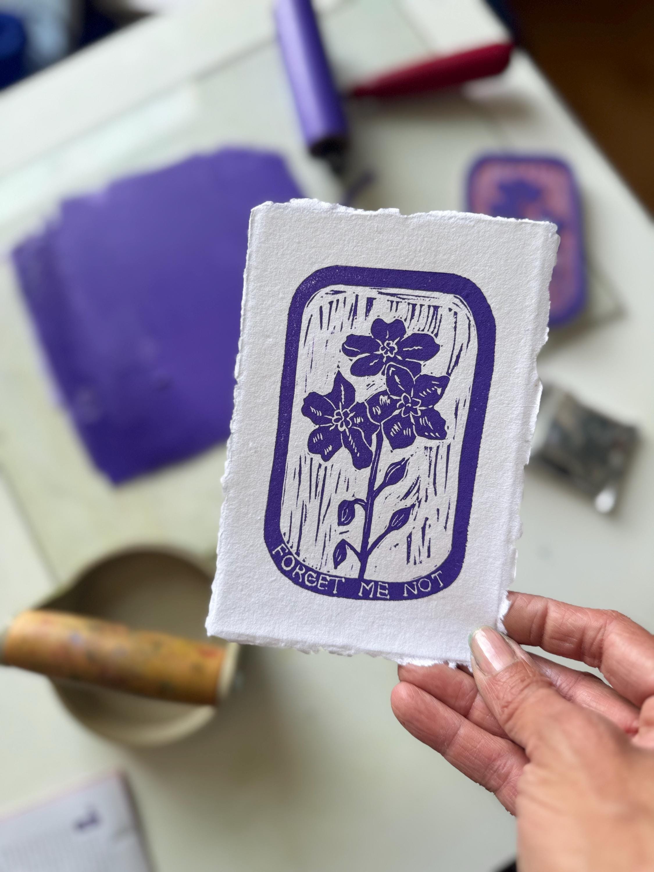 Forget me not Lino print hand printed on hand made paper