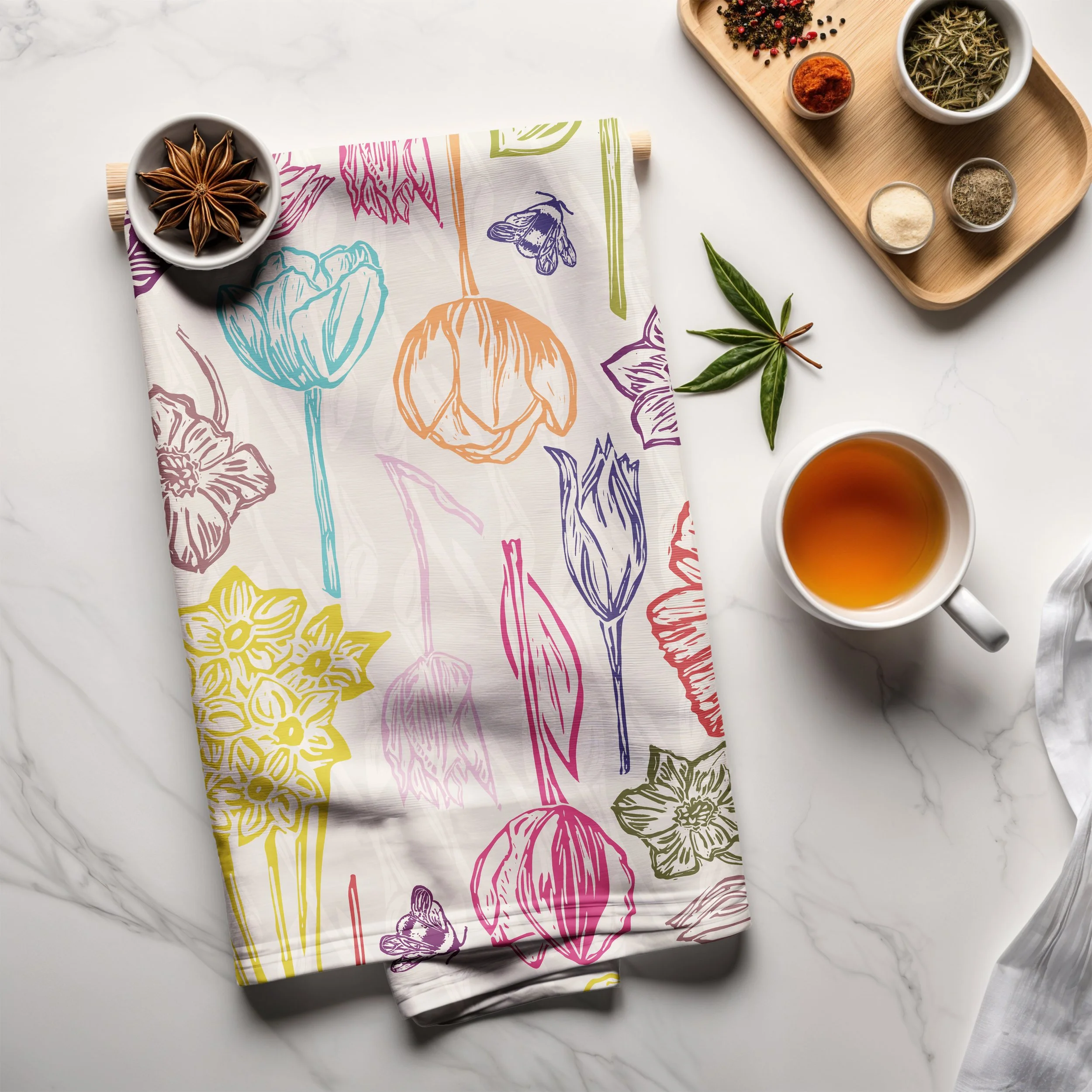 Organic Cotton Tea Towel -Rainbow Tulips & Daffodils