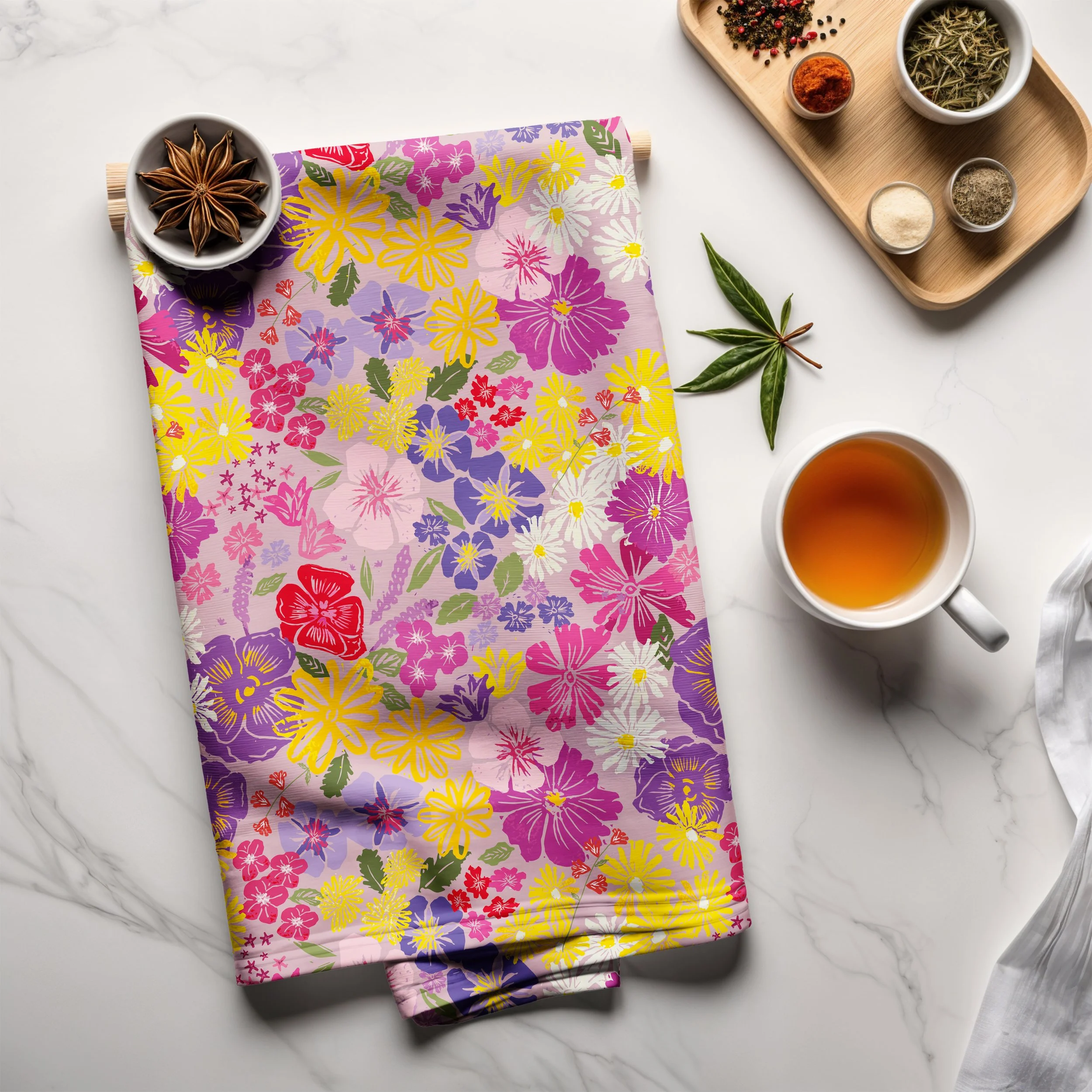 Organic Cotton Tea Towel -Lilac Picnic Florals