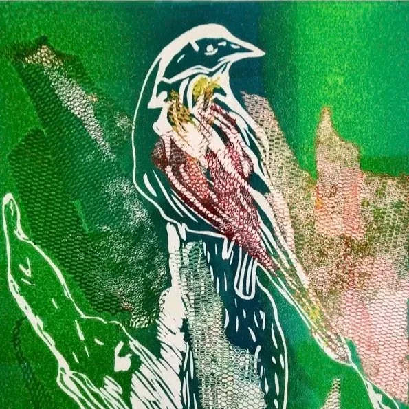 A stylized illustration of a bird perched on a branch against a green background.