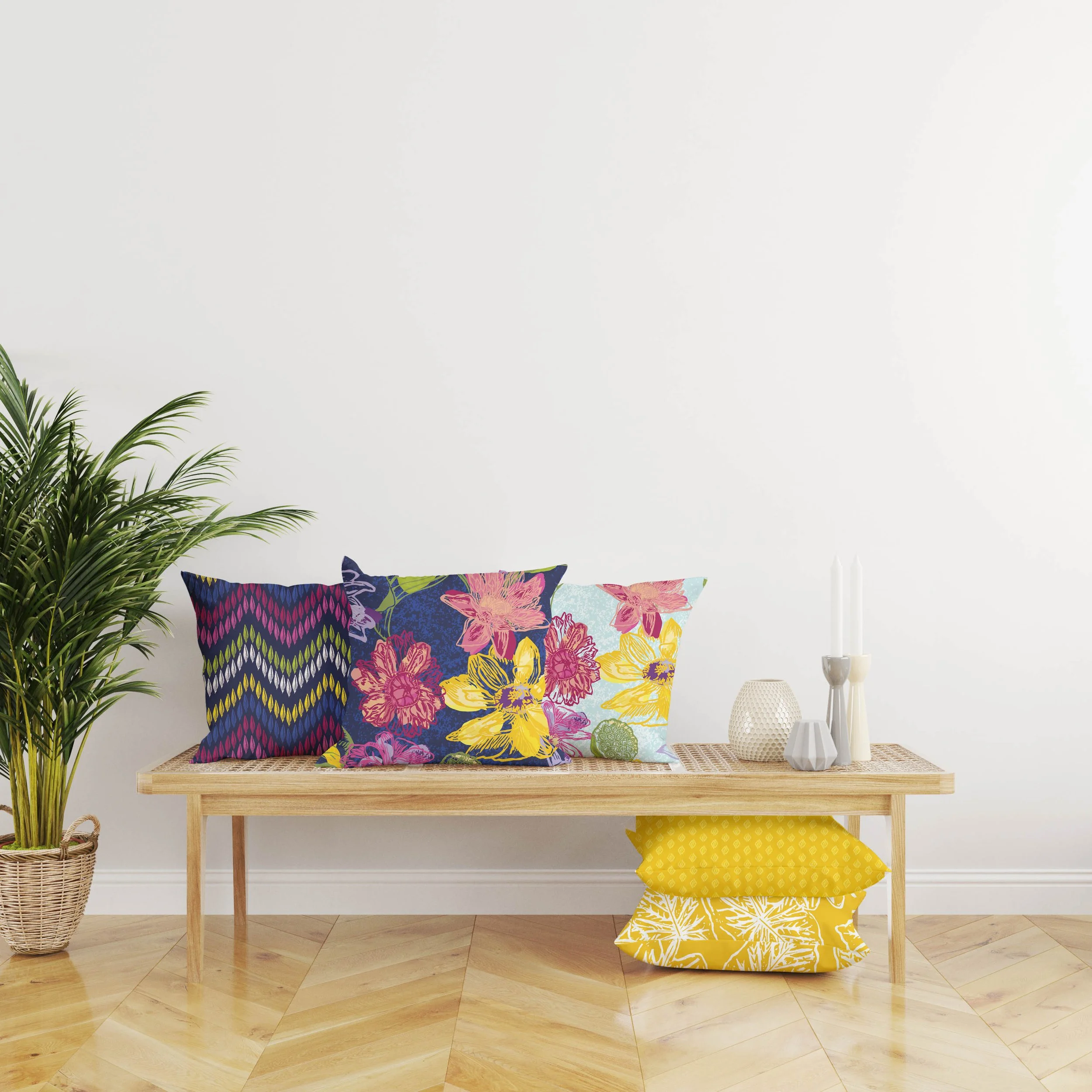 Seating area with cushions from the Vibrant water lily range