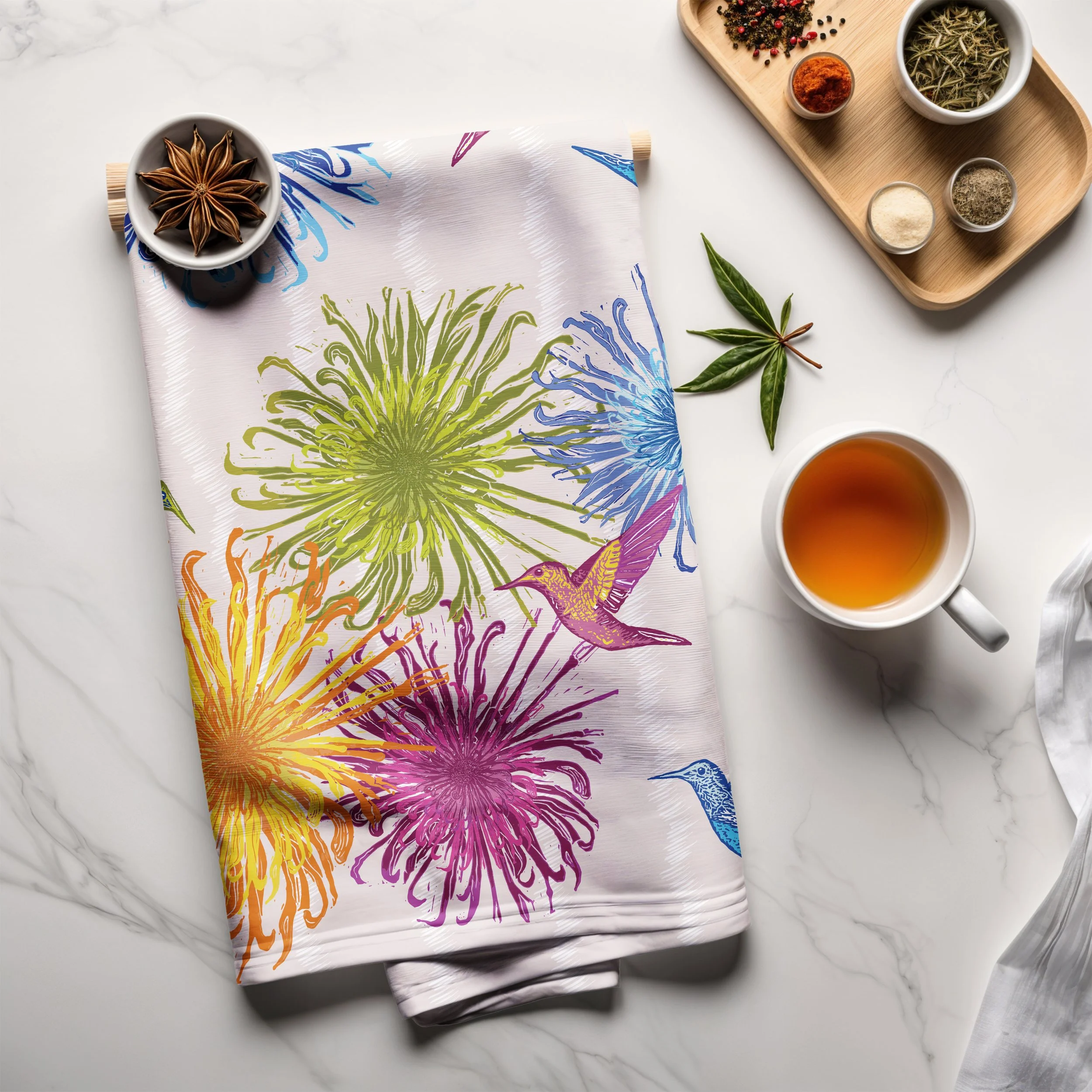 Organic Cotton Tea Towel -Hummingbirds & Oversized Dahlias