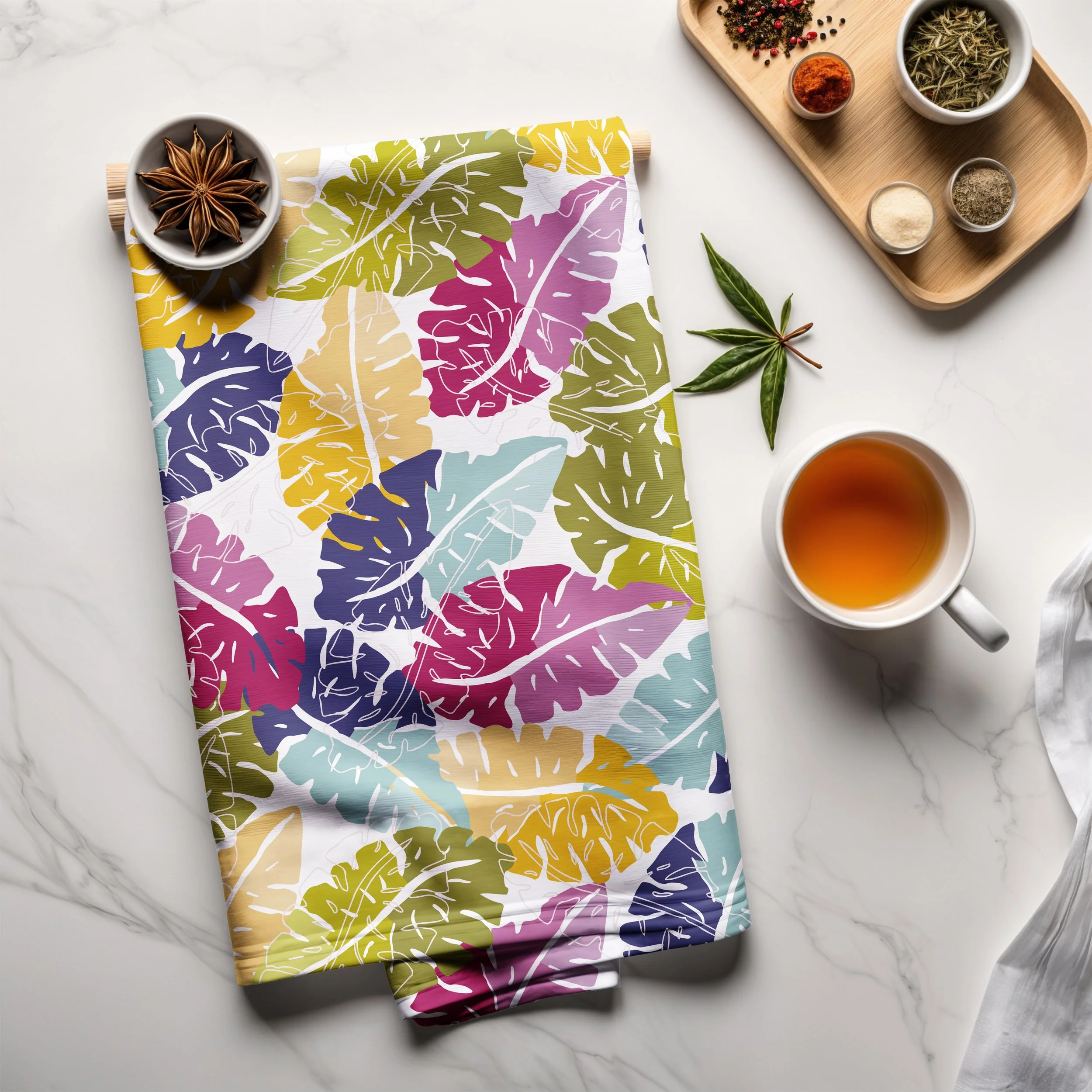 Organic Cotton Tea Towel -Rainbow Banana Leaves
