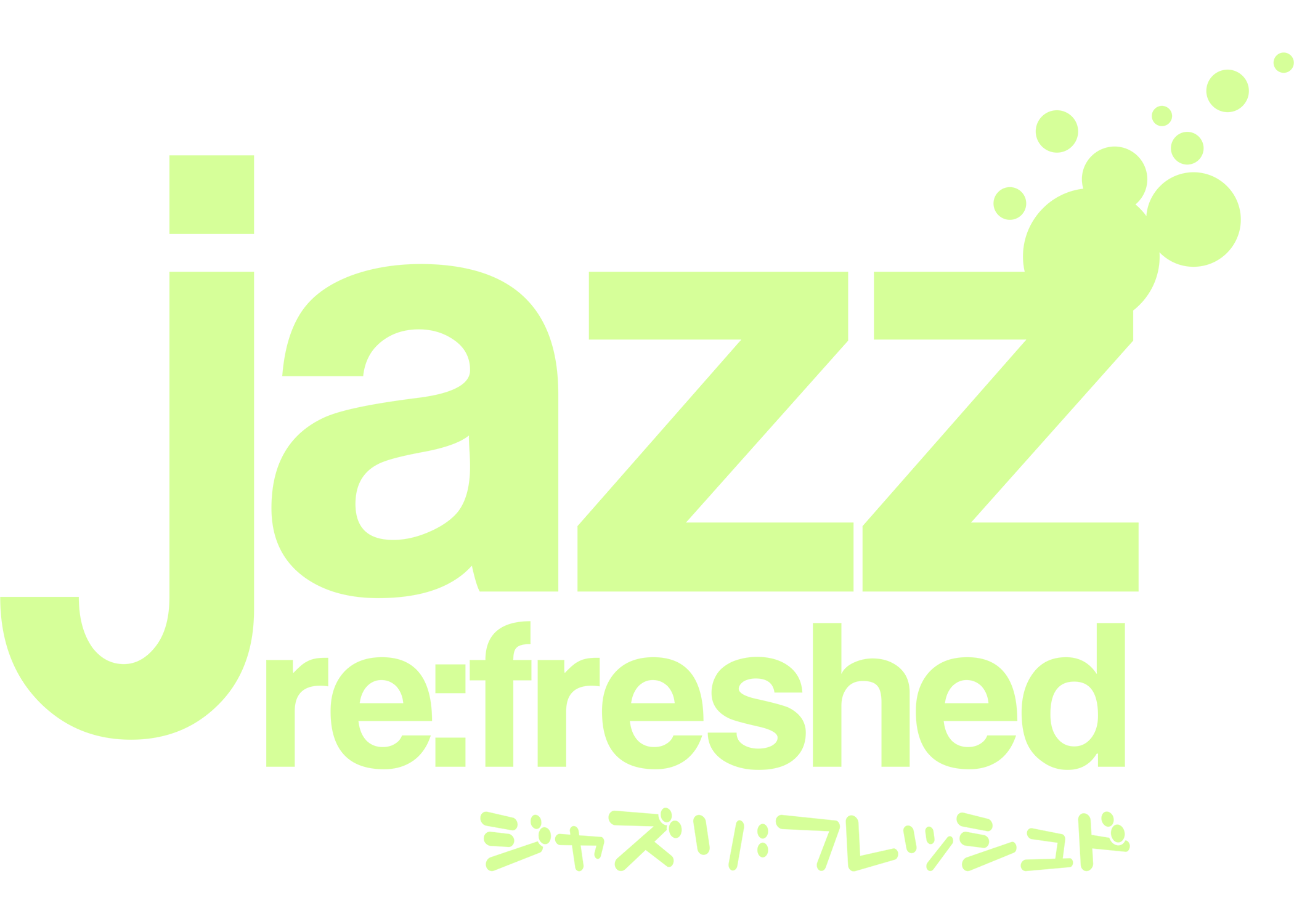 Logo for Jazzy Refresh, featuring the words "jazzy" and "refreshed" in light green text on a black background, with a stylized bubble design extending from the letter "z" in "jazzy" and Japanese characters below.