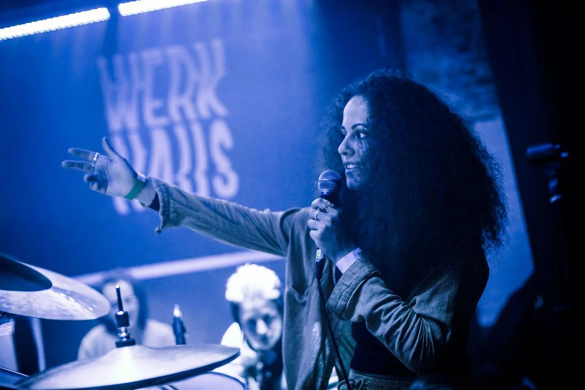 Musician performing on stage with microphone, blue lighting, and "WERK HAUS" sign in background.