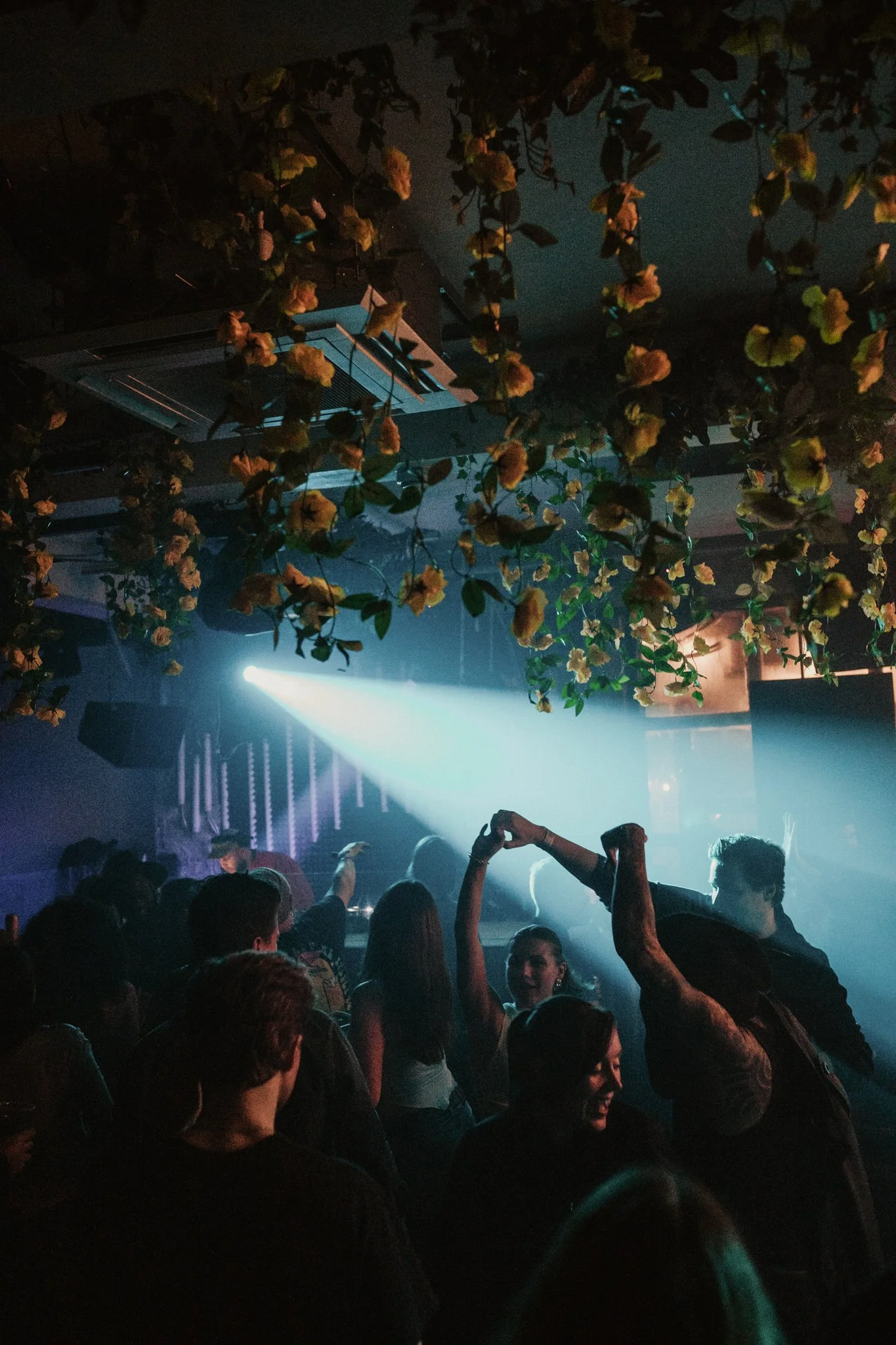 People dancing in a dimly lit club with hanging flowers and colorful lights.