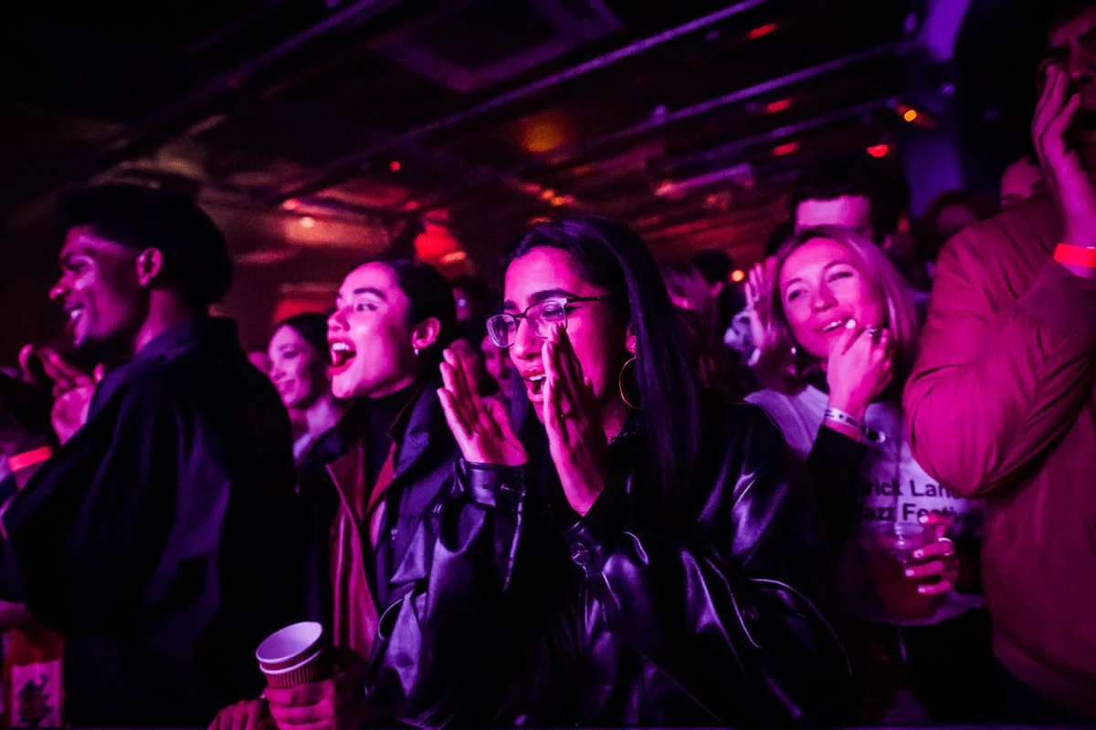 People enjoying a live music concert in vibrant lighting.