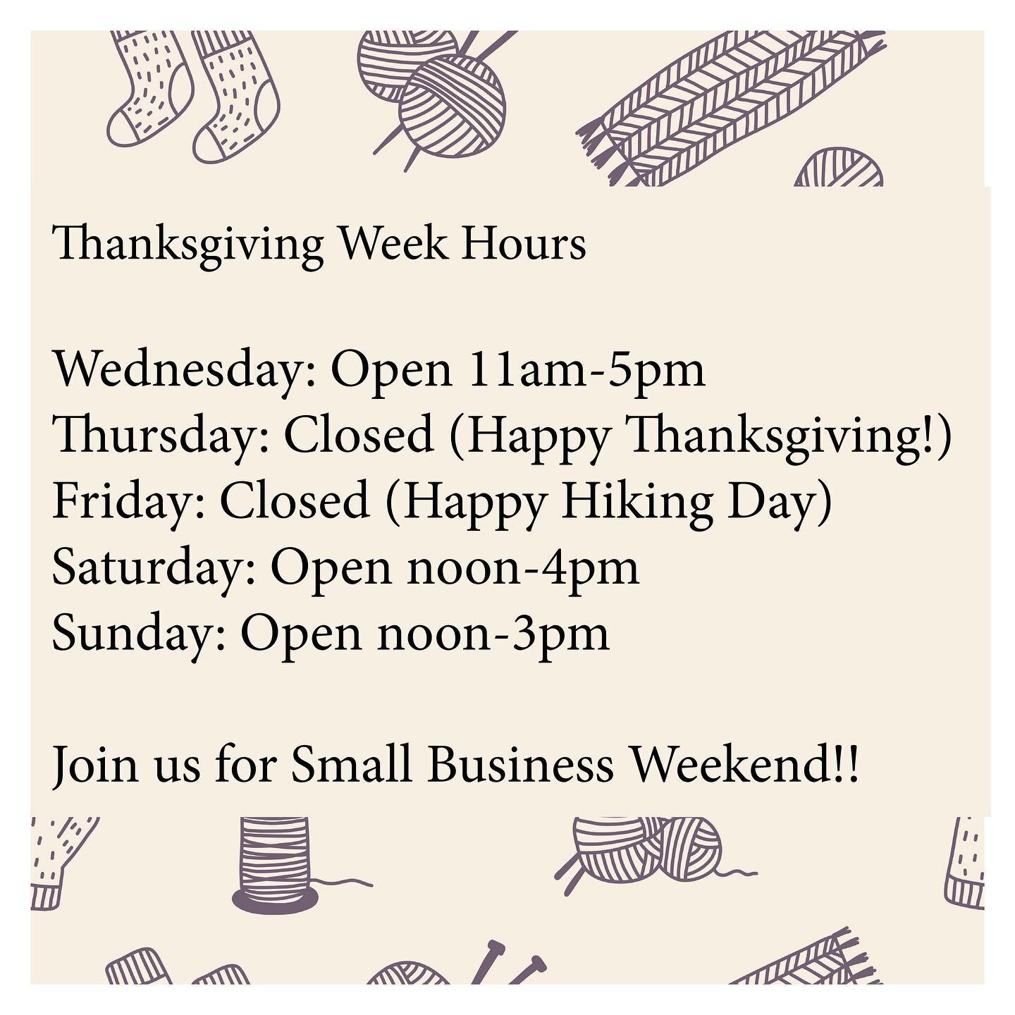 Here is our schedule for the week! Make sure and join us Saturday for Small Business Saturday. Happy Thanksgiving 🍁 everyone!