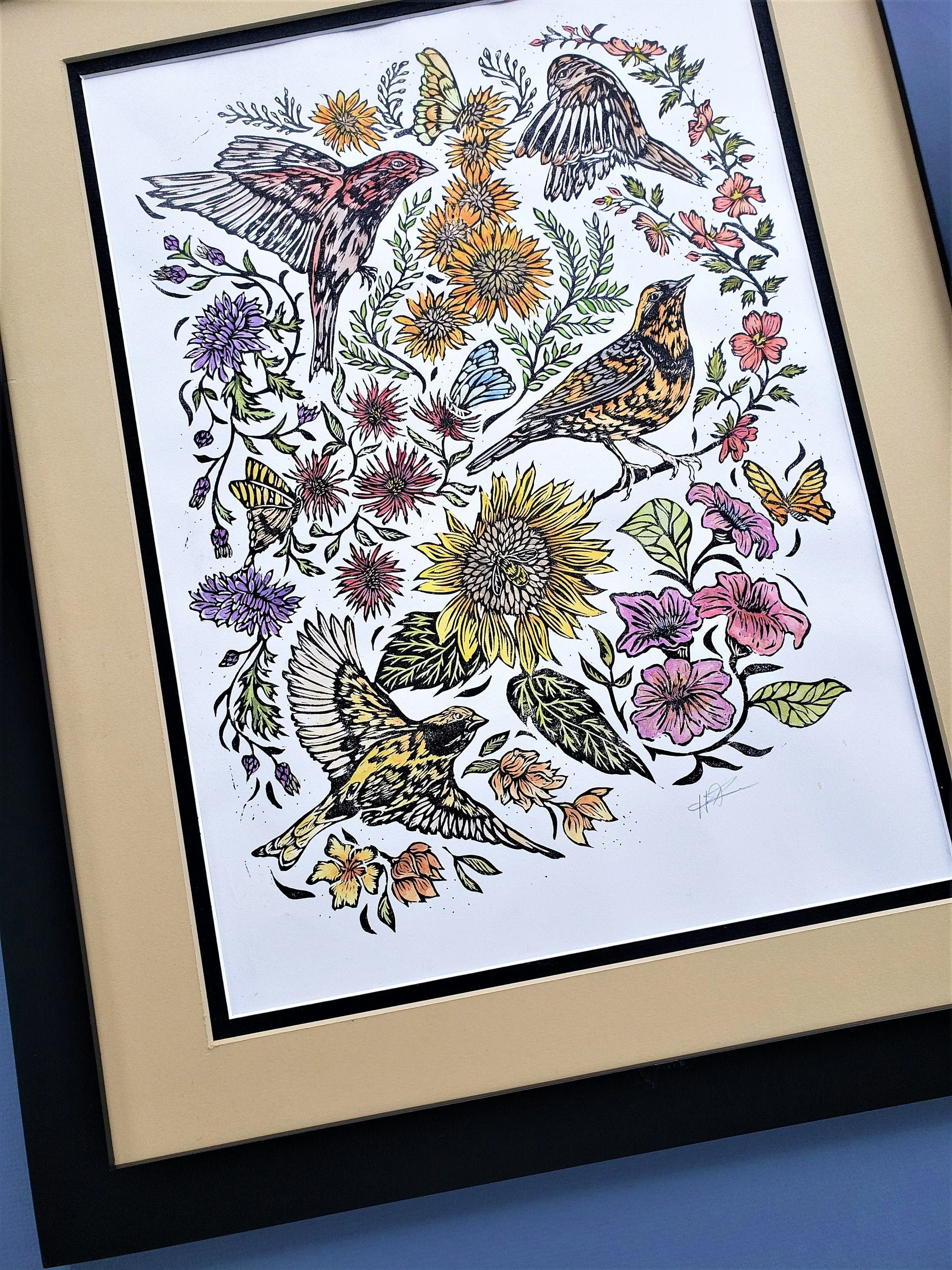 Floral and Bird Fury - Original Color Relief Print - FAC1